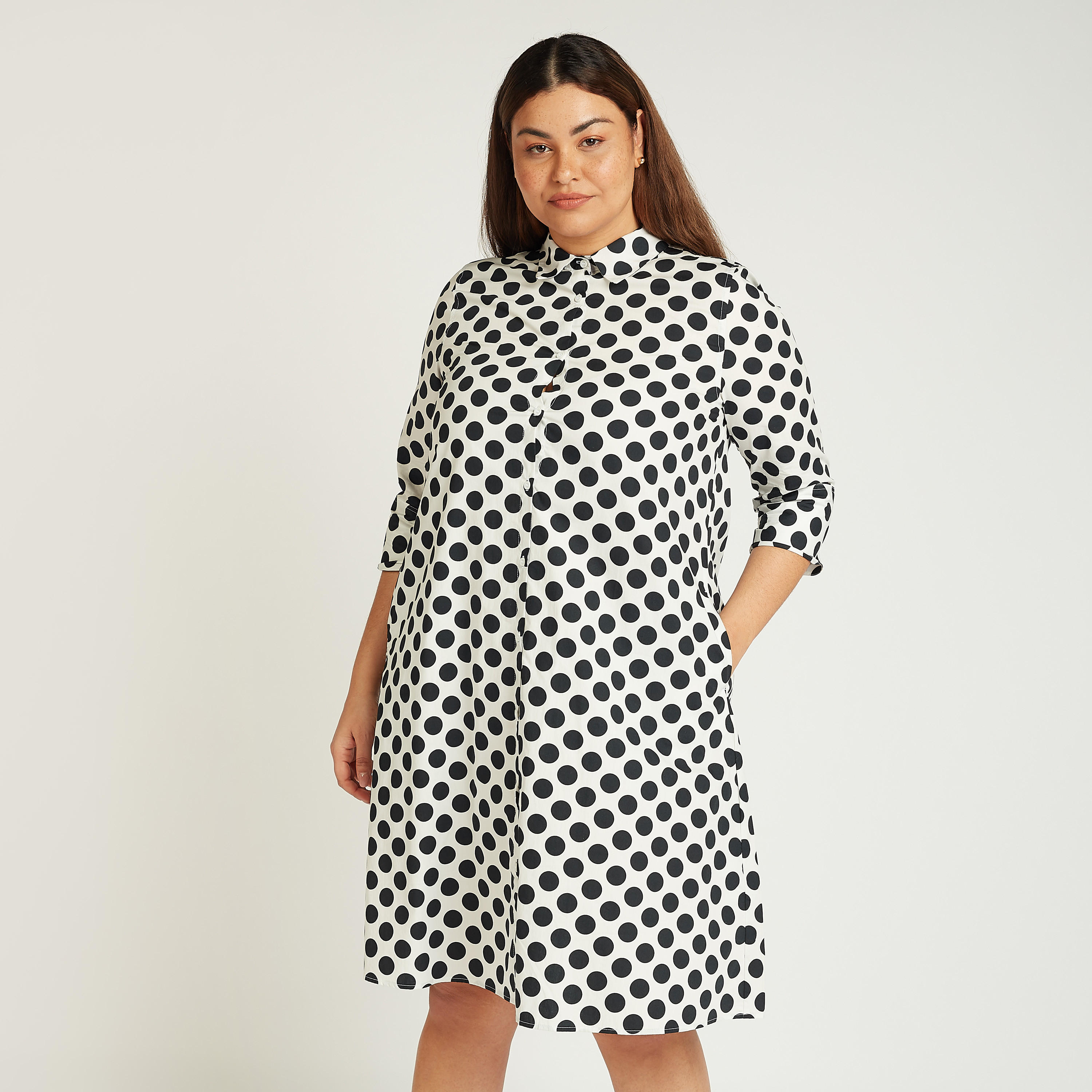 فستان قميص بأكمام 3/4 وطبعات منقّطة وجيوب-women-clothing-dresses-image-1