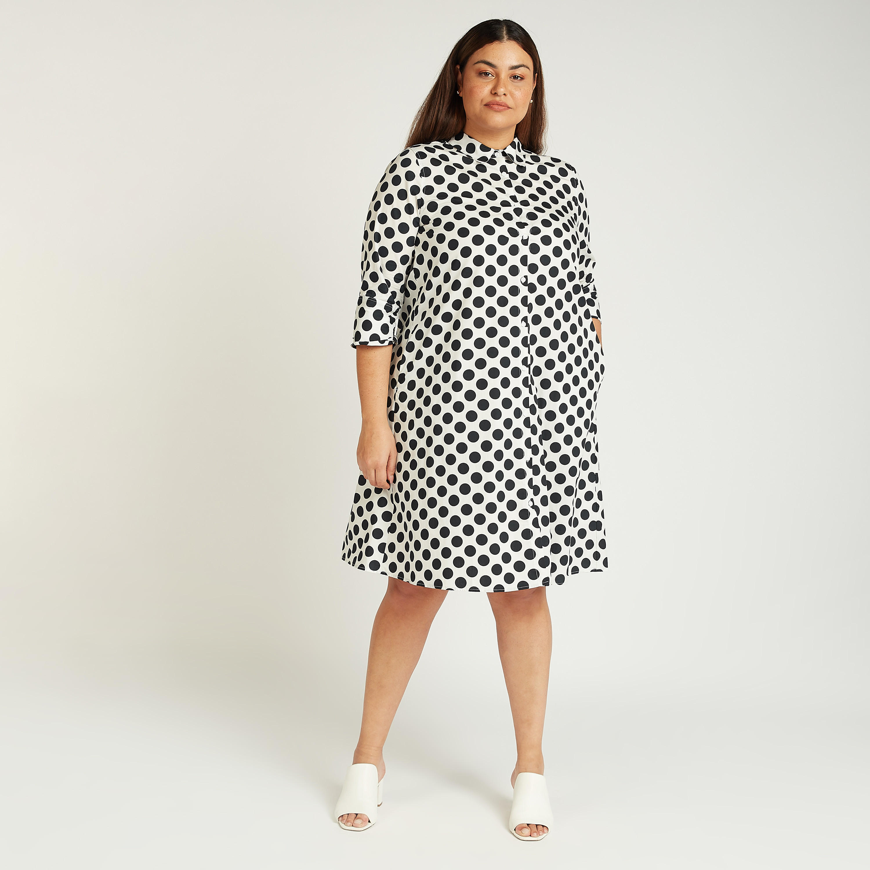 فستان قميص بأكمام 3/4 وطبعات منقّطة وجيوب-women-clothing-dresses-image-2