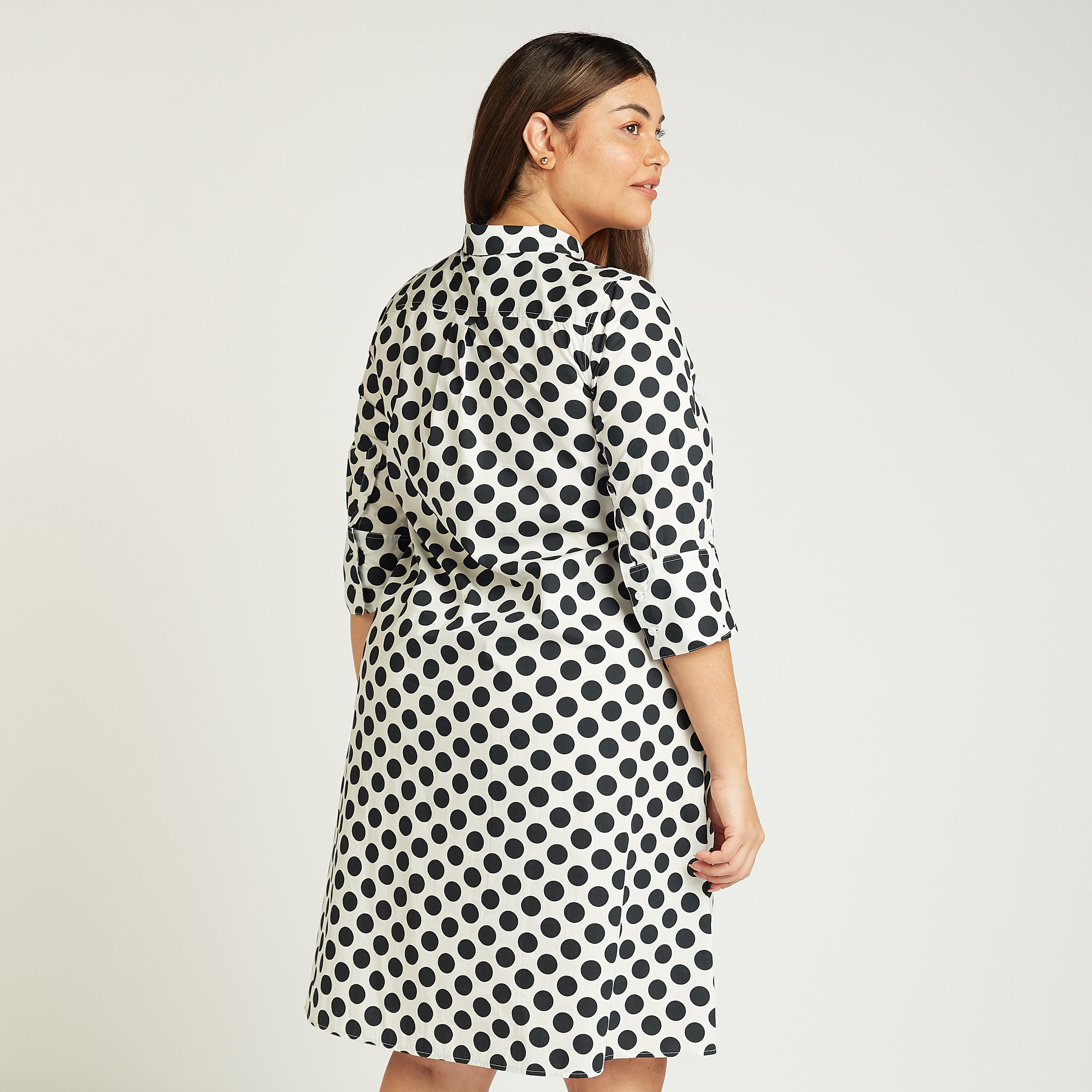 فستان قميص بأكمام 3/4 وطبعات منقّطة وجيوب-women-clothing-dresses-image-4