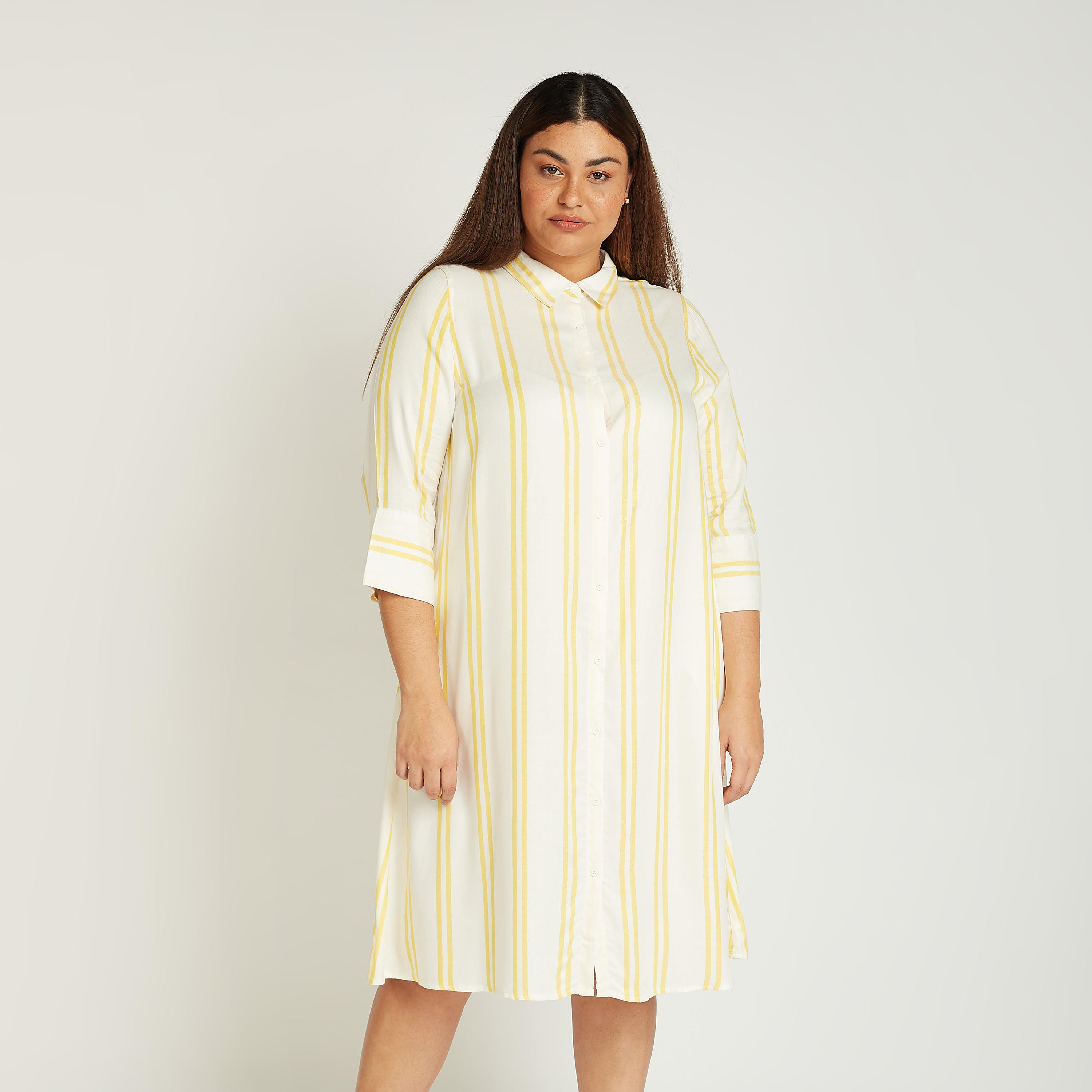 فستان قميص مخطط ميدي بأكمام 3/4 وجيوب-women-clothing-dresses-image-1