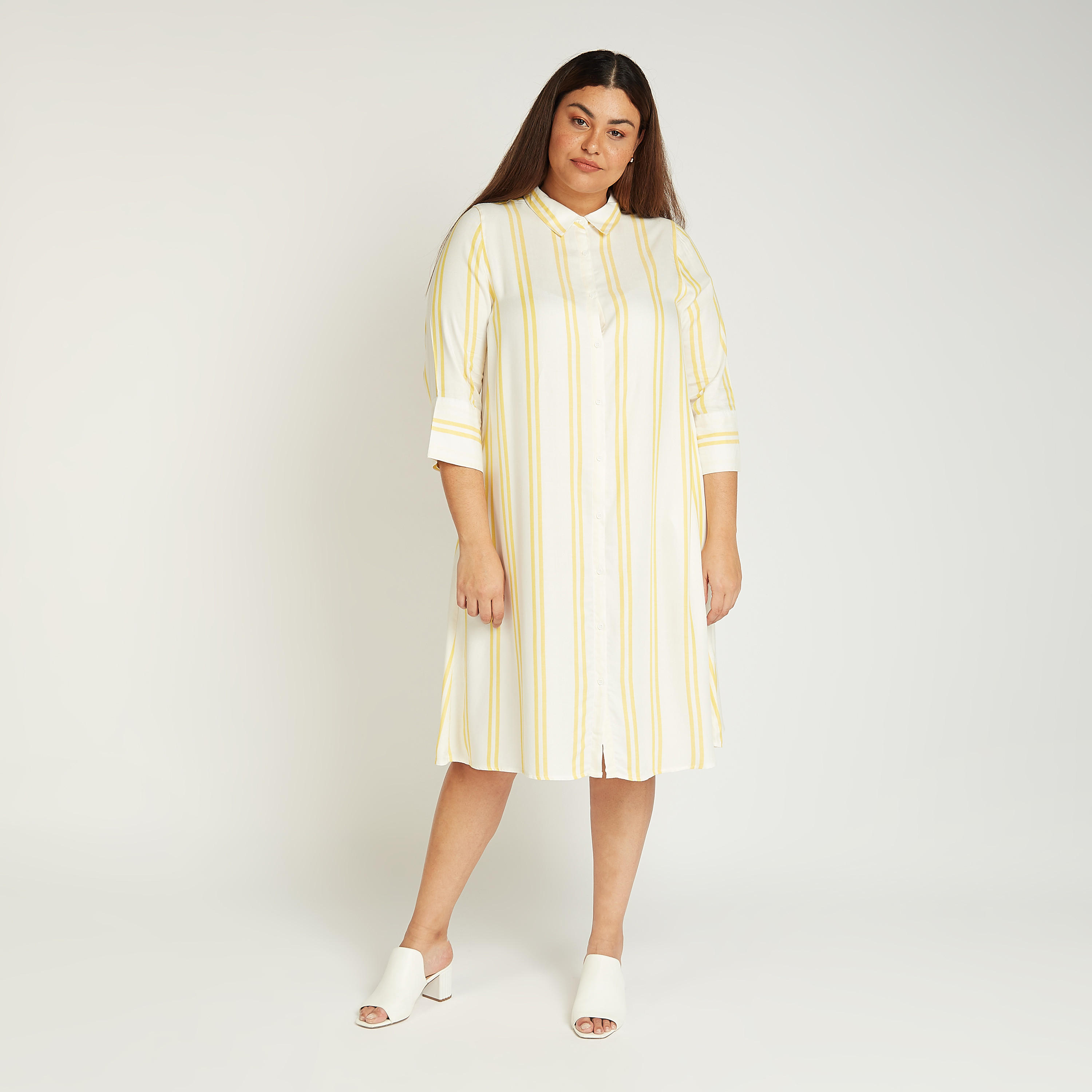 فستان قميص مخطط ميدي بأكمام 3/4 وجيوب-women-clothing-dresses-image-2