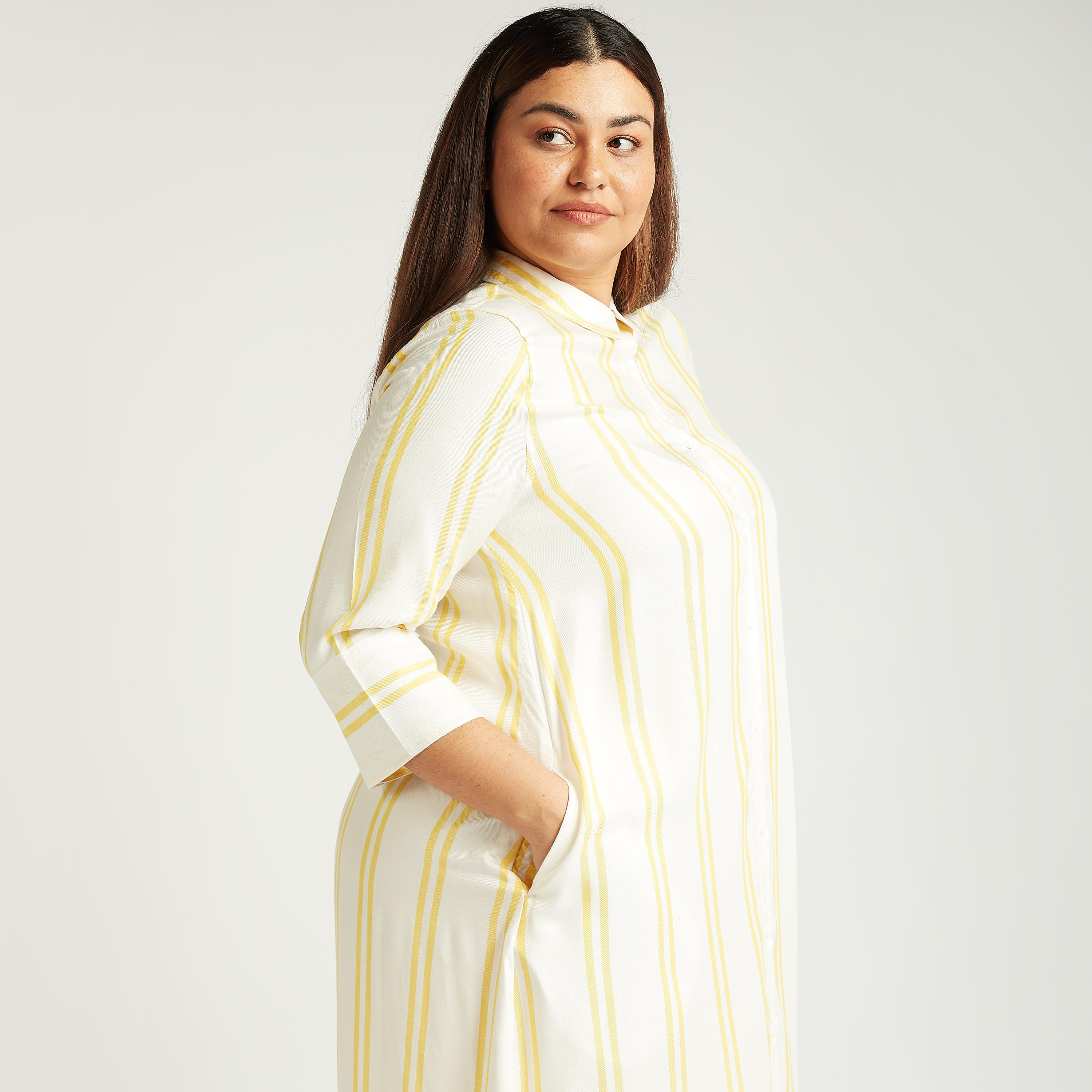 فستان قميص مخطط ميدي بأكمام 3/4 وجيوب-women-clothing-dresses-image-3