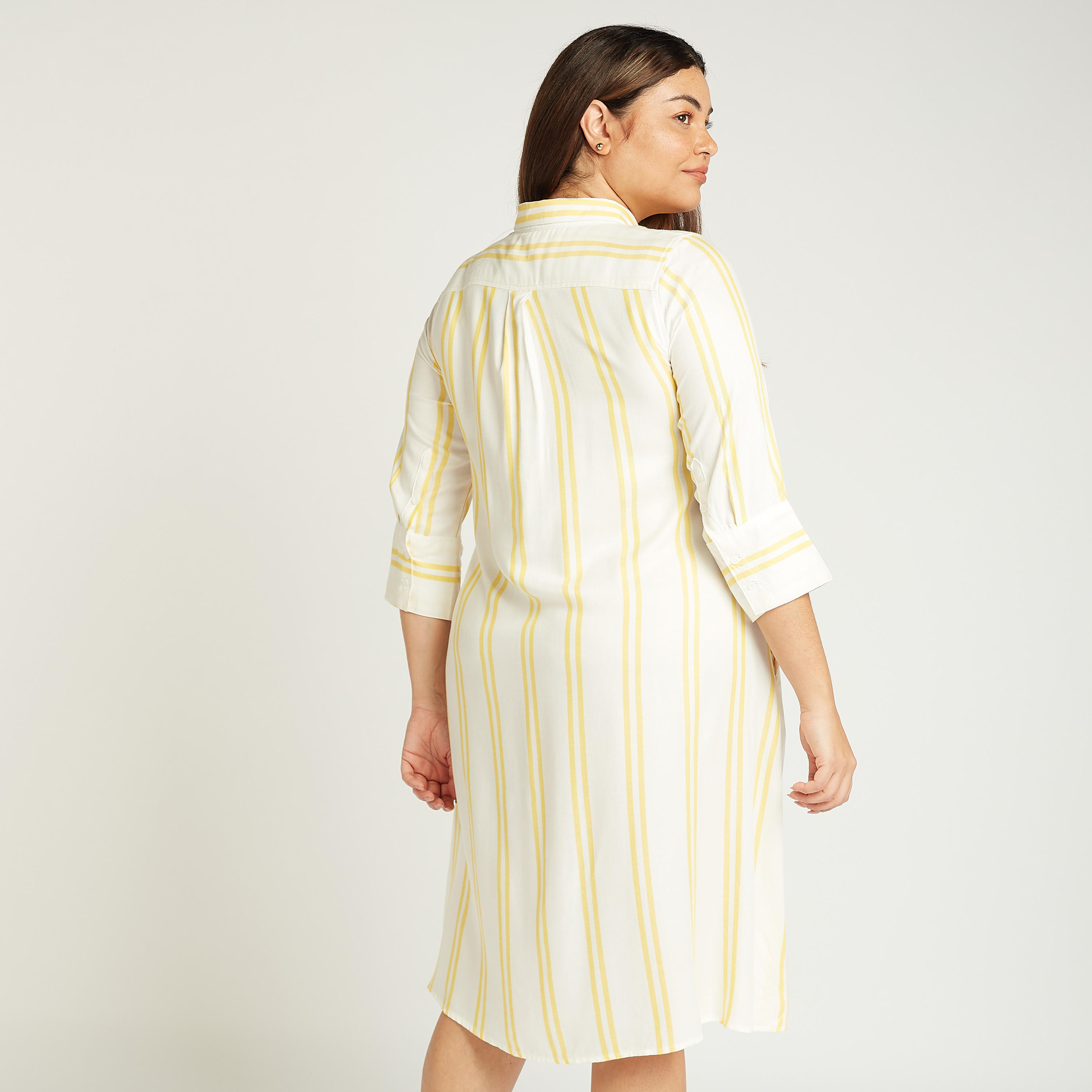 فستان قميص مخطط ميدي بأكمام 3/4 وجيوب-women-clothing-dresses-image-4
