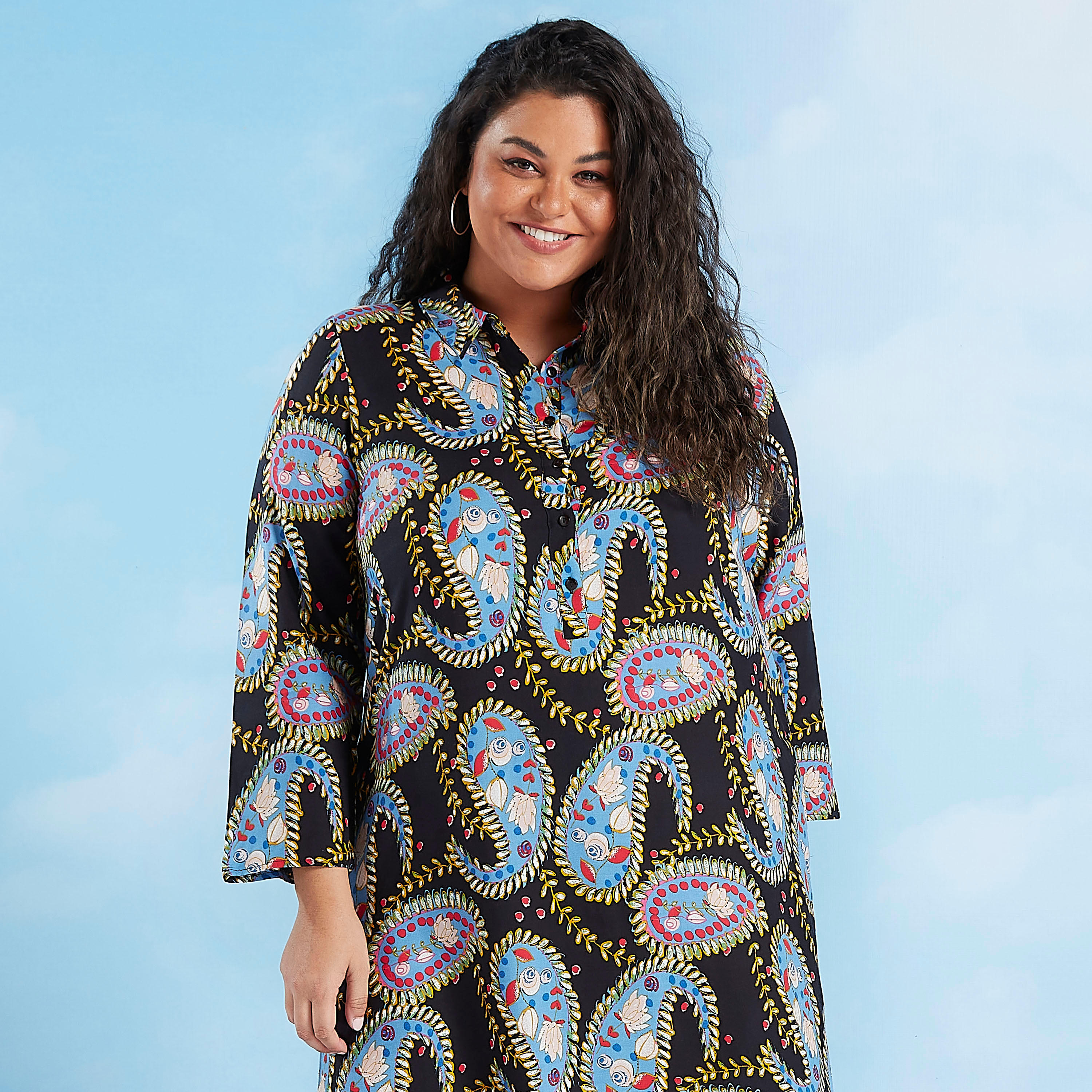 فستان قميص ماكسي بأكمام طويلة وياقة عادية وطبعات بيزلي-women-clothing-dresses-image-1