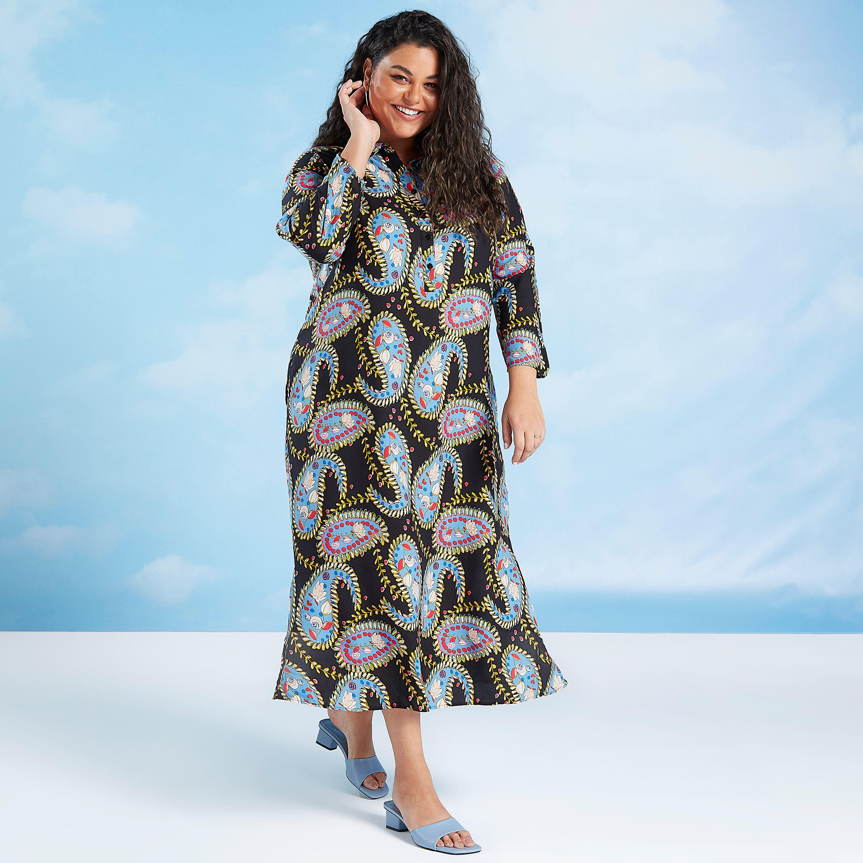 فستان قميص ماكسي بأكمام طويلة وياقة عادية وطبعات بيزلي-women-clothing-dresses-image-2