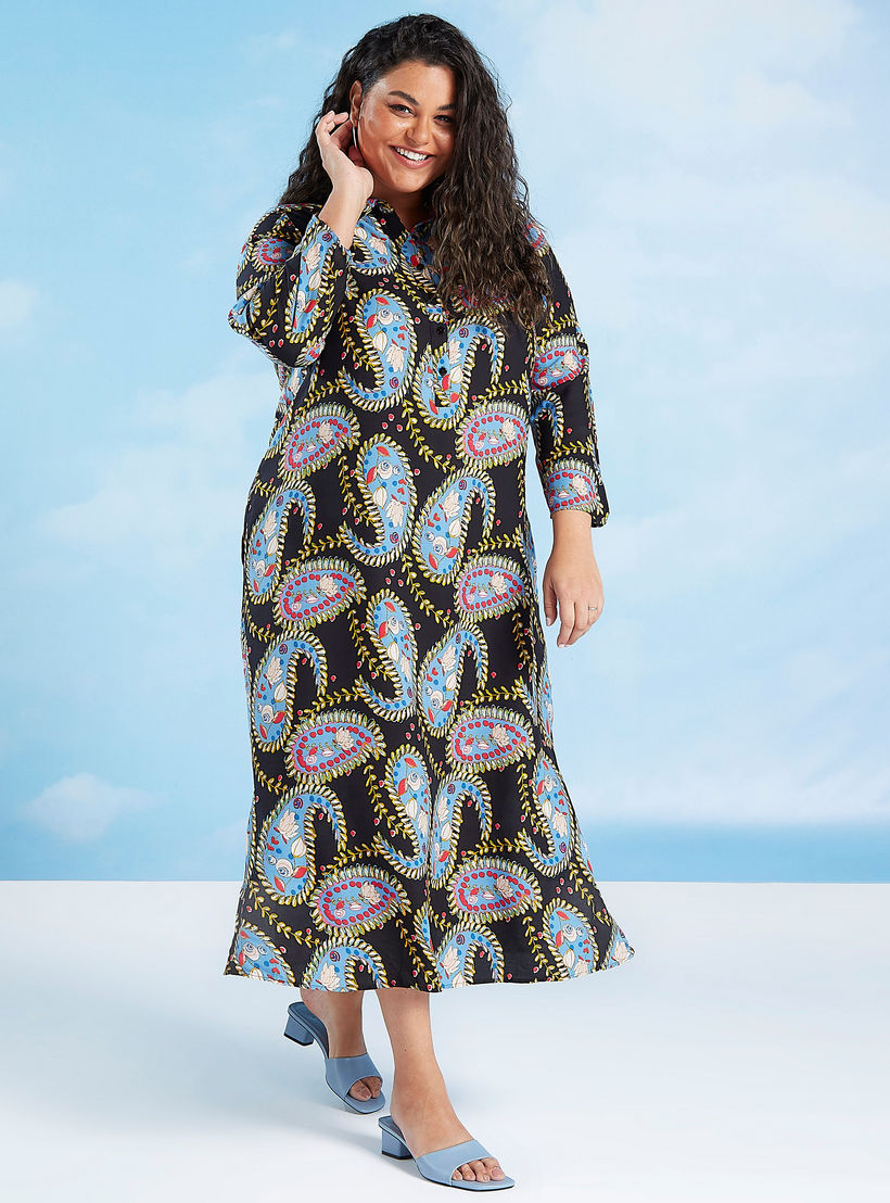 فستان قميص ماكسي بأكمام طويلة وياقة عادية وطبعات بيزلي-women-clothing-dresses-image-2