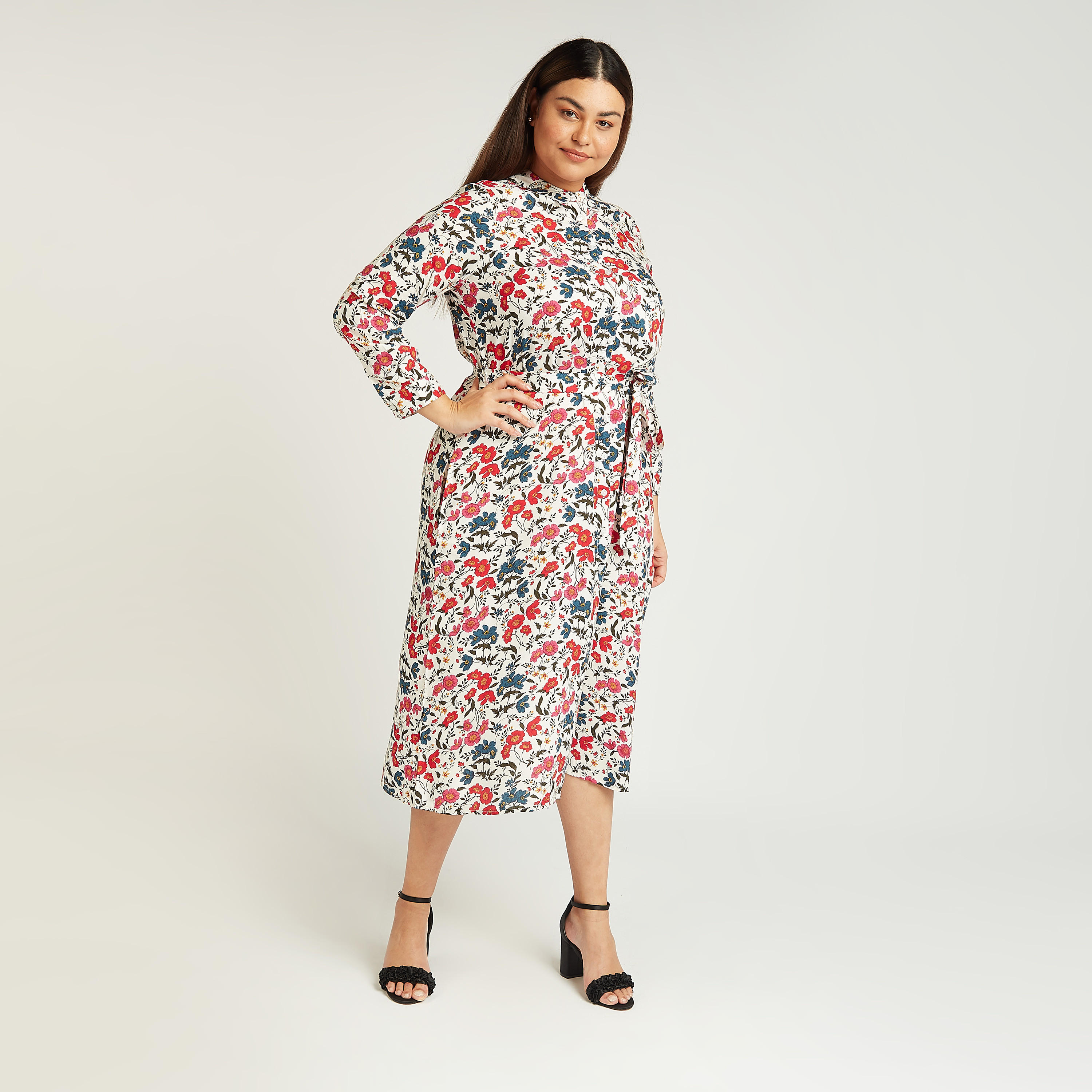 فستان قميص ميدي بطبعات أزهار وأكمام طويلة وأربطة-women-clothing-dresses-image-1