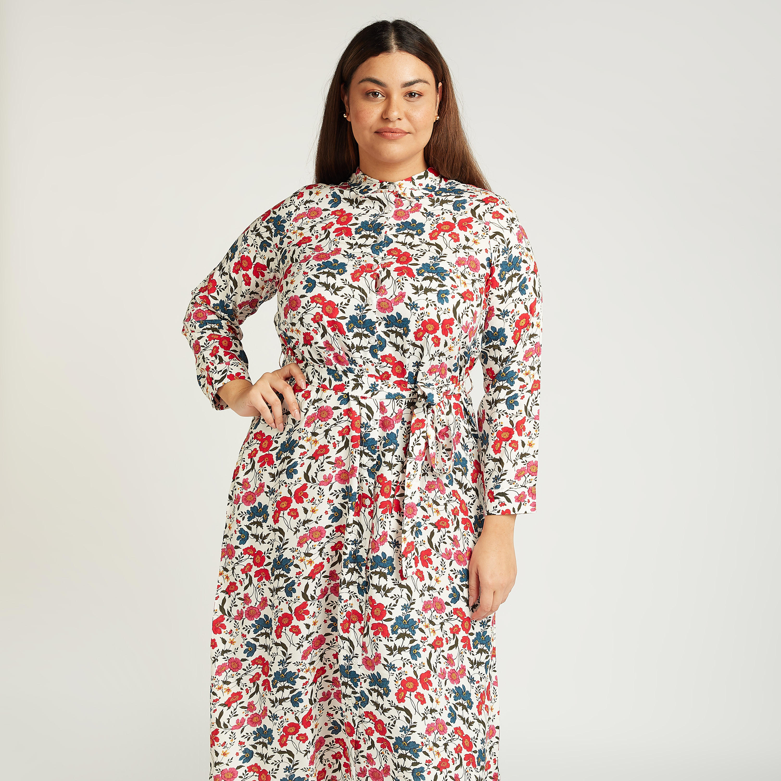 فستان قميص ميدي بطبعات أزهار وأكمام طويلة وأربطة-women-clothing-dresses-image-2