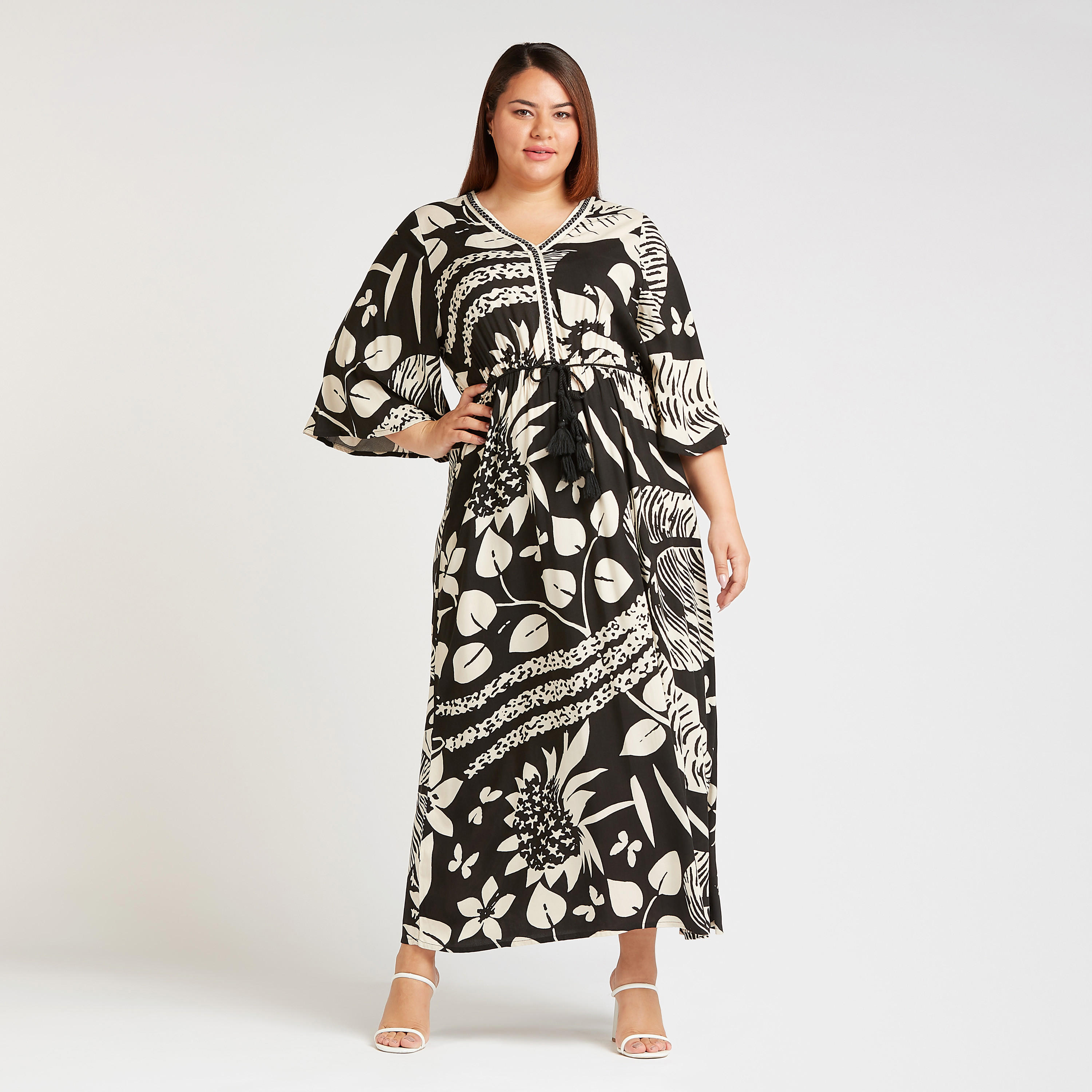 Floral Maxi A-line Dress with V-neck and 3/4 Flared Sleeves-women-clothing-dresses-image-1