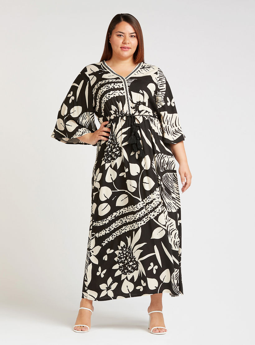 Floral Maxi A-line Dress with V-neck and 3/4 Flared Sleeves-women-clothing-dresses-image-1