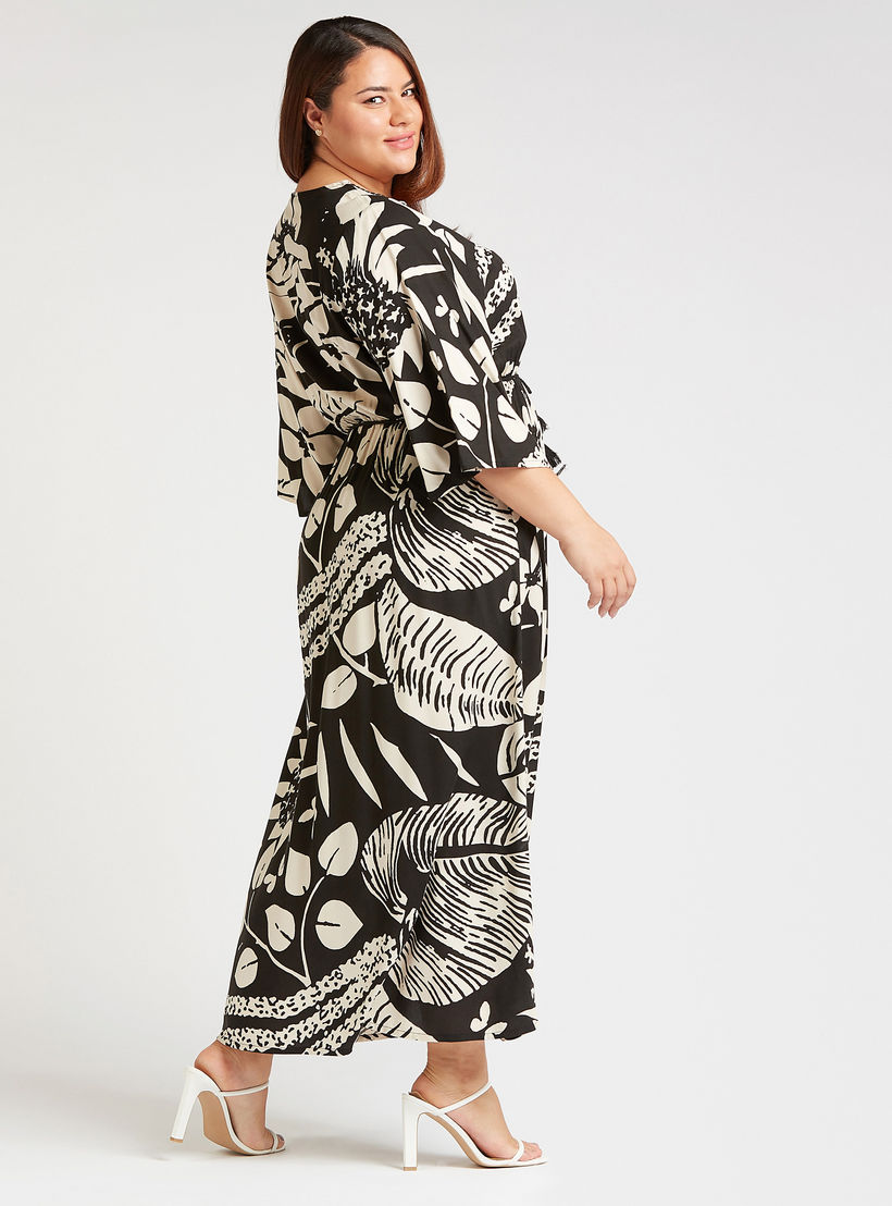 Floral Maxi A-line Dress with V-neck and 3/4 Flared Sleeves-women-clothing-dresses-image-2