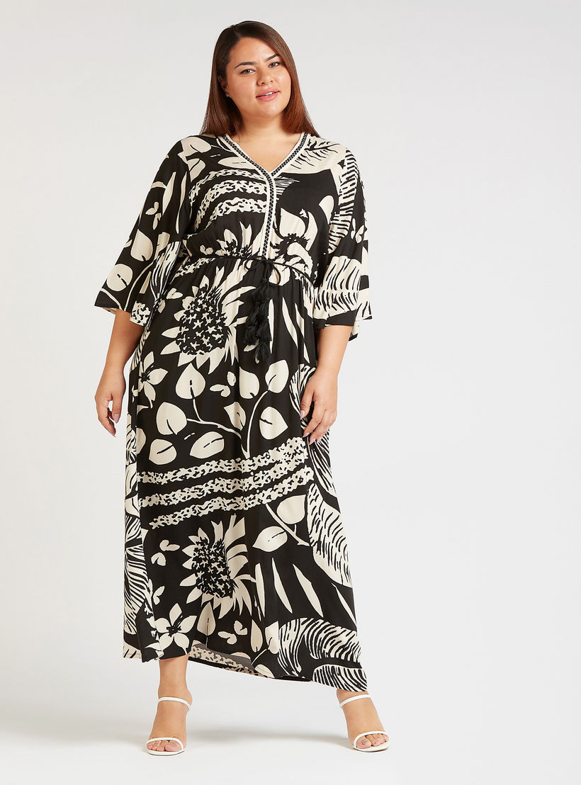 Floral Maxi A-line Dress with V-neck and 3/4 Flared Sleeves-women-clothing-dresses-image-4