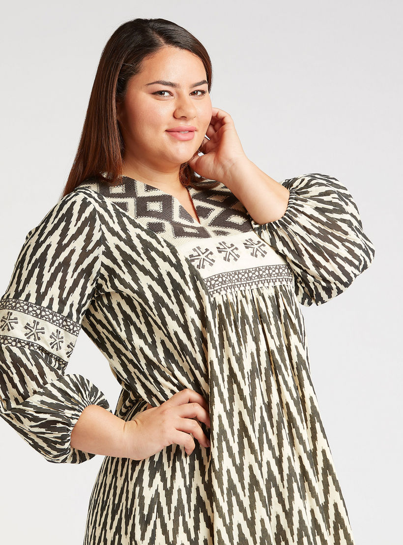 فستان ميدي بطبعات وياقة v وأكمام 3/4-women-clothing-dresses-image-3