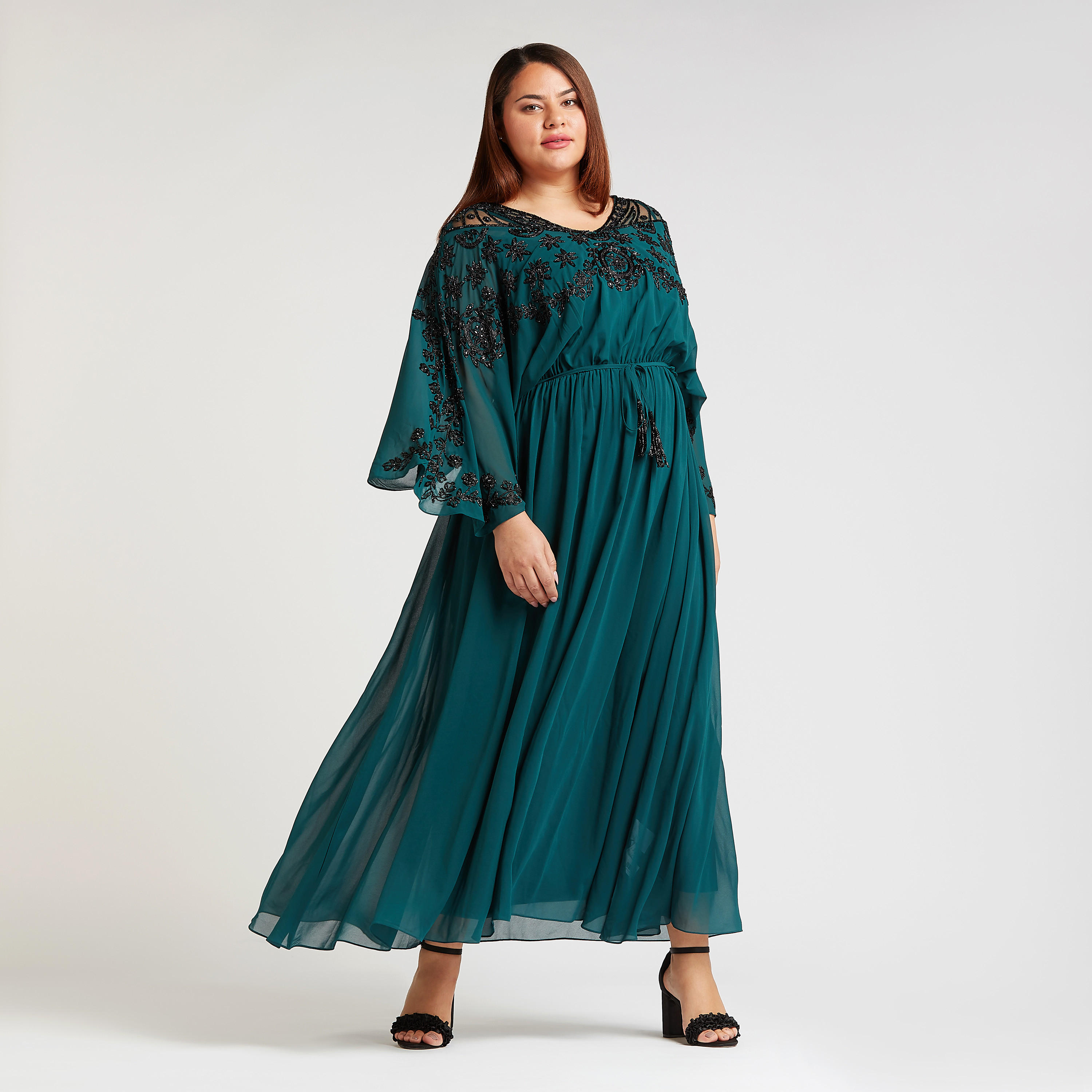 فستان إيه لاين طويل مطرز بأكمام واسعة-women-clothing-dresses-image-1