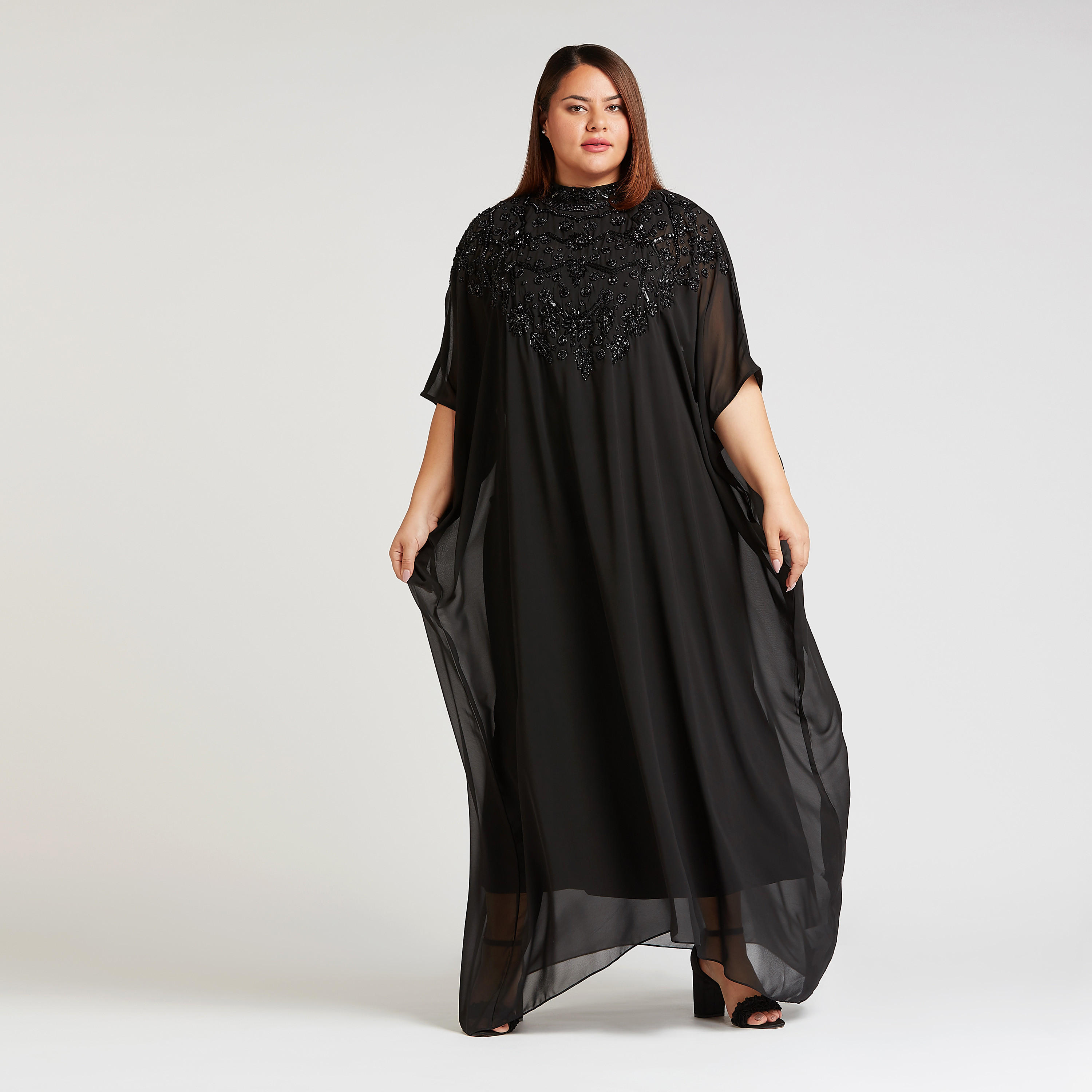 فستان قفطان إيه لاين طويل مزيّن بأكمام 3/4-women-clothing-dresses-image-1