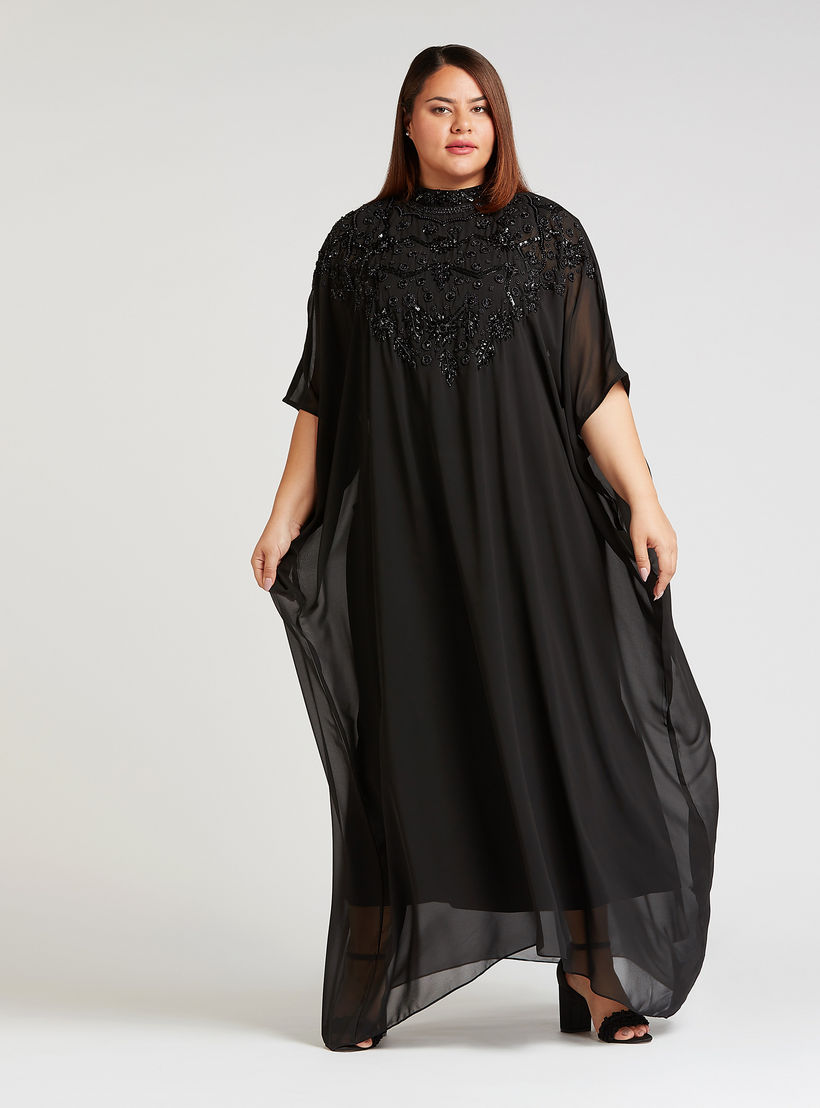 فستان قفطان إيه لاين طويل مزيّن بأكمام 3/4-women-clothing-dresses-image-1