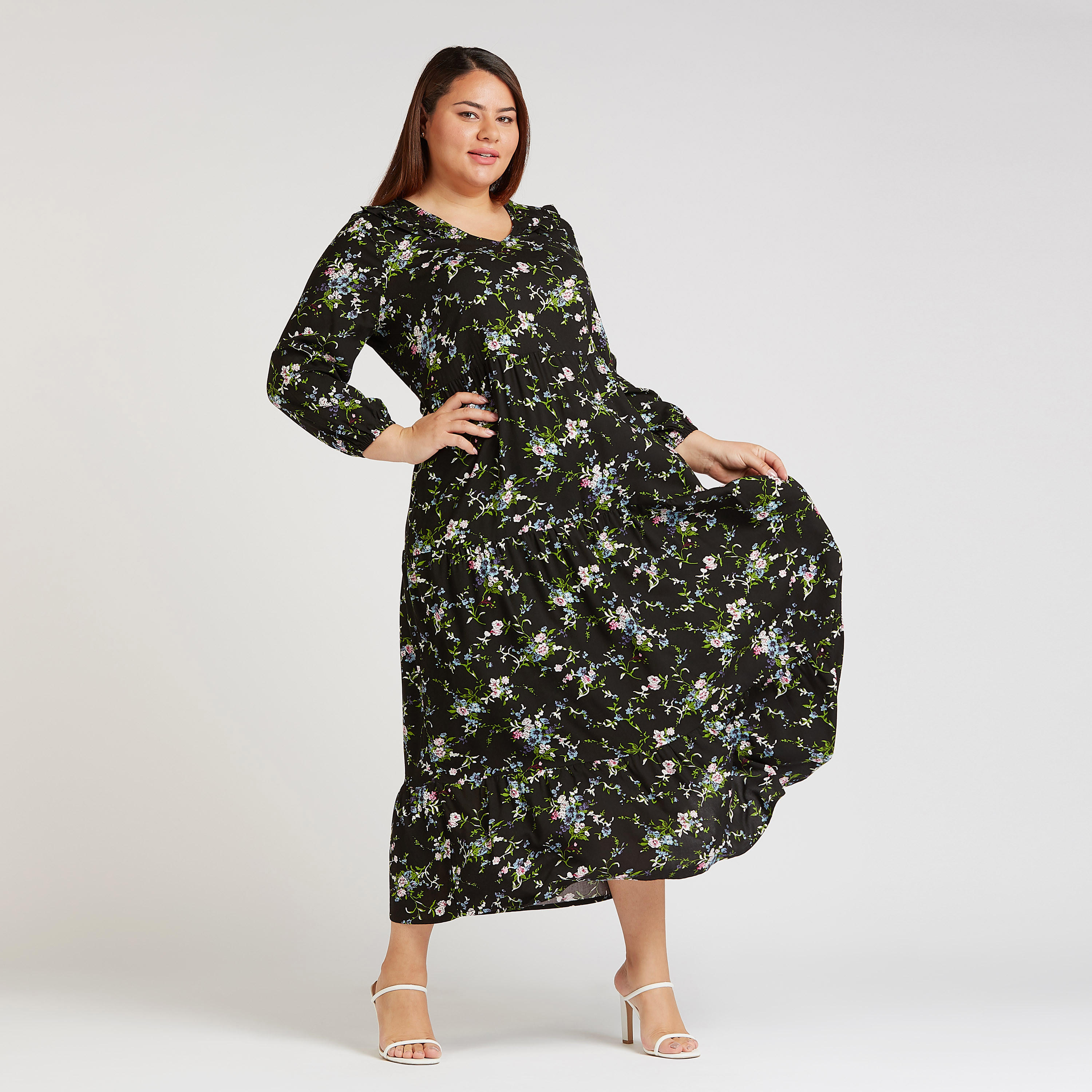 فستان إيه لاين طويل بطبعات أزهار وياقة v وأكمام طويلة-women-clothing-dresses-image-1