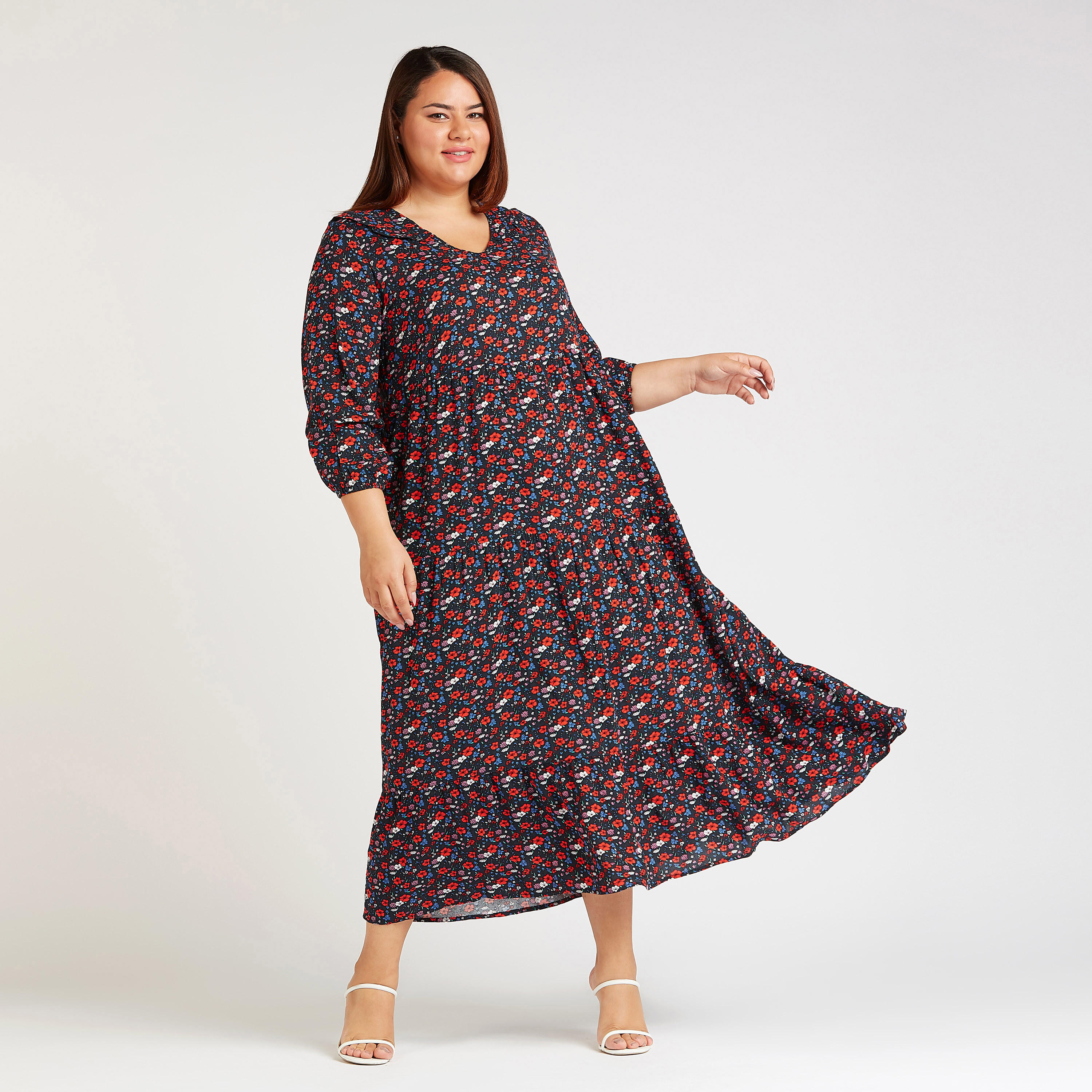 فستان طويل إيه لاين بطبعات زهرية وياقة V وأكمام 3/4-women-clothing-dresses-image-1