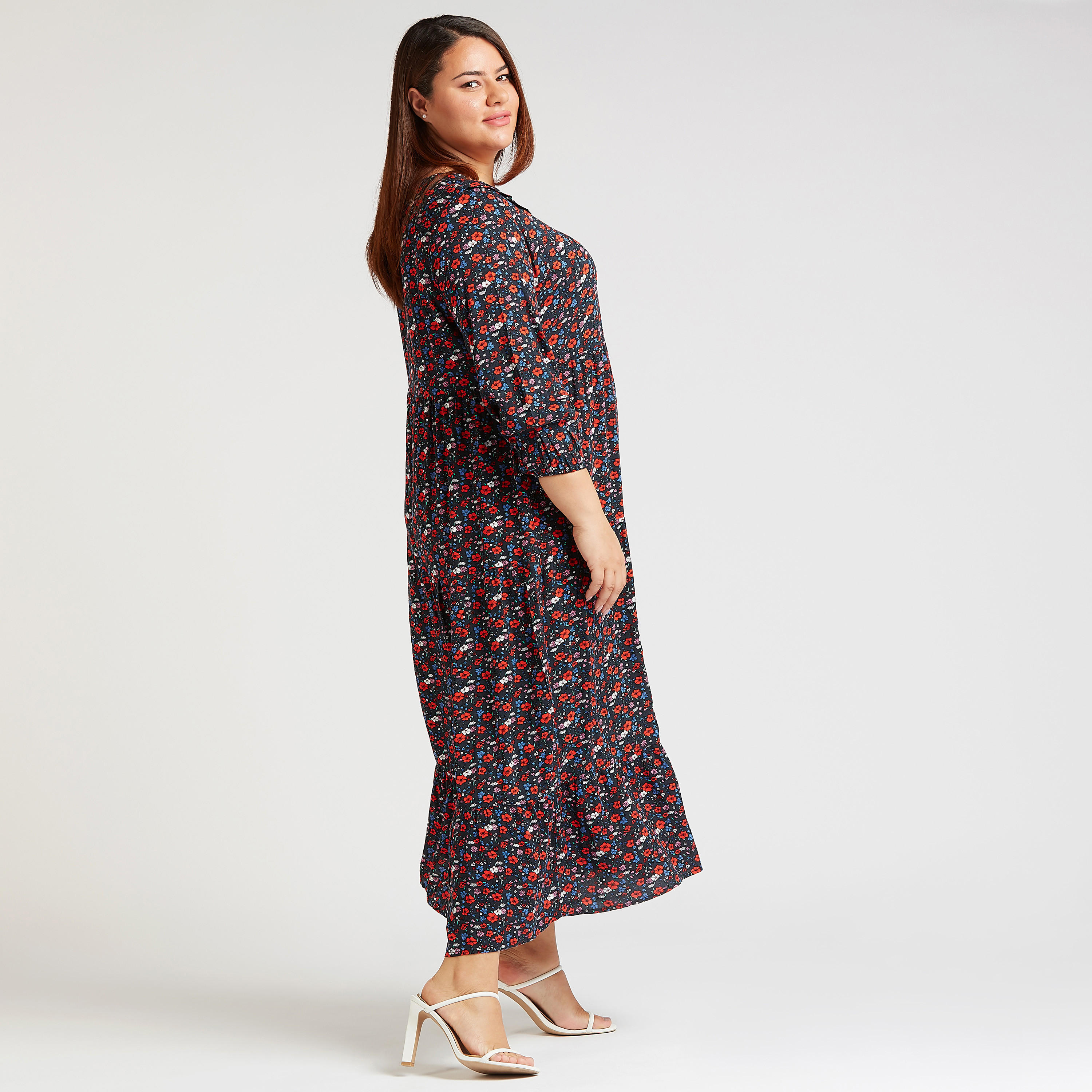 فستان طويل إيه لاين بطبعات زهرية وياقة V وأكمام 3/4-women-clothing-dresses-image-2