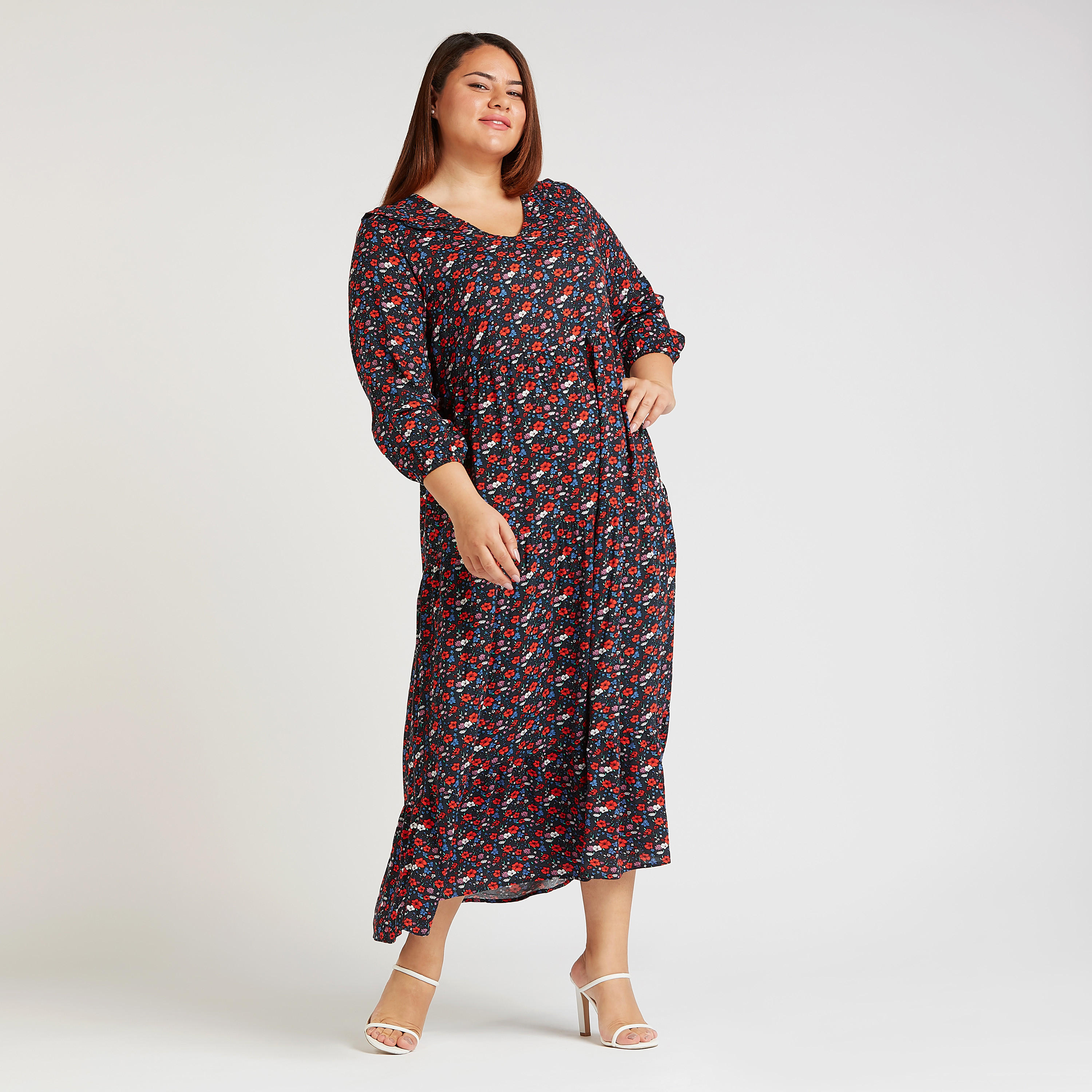 فستان طويل إيه لاين بطبعات زهرية وياقة V وأكمام 3/4-women-clothing-dresses-image-3