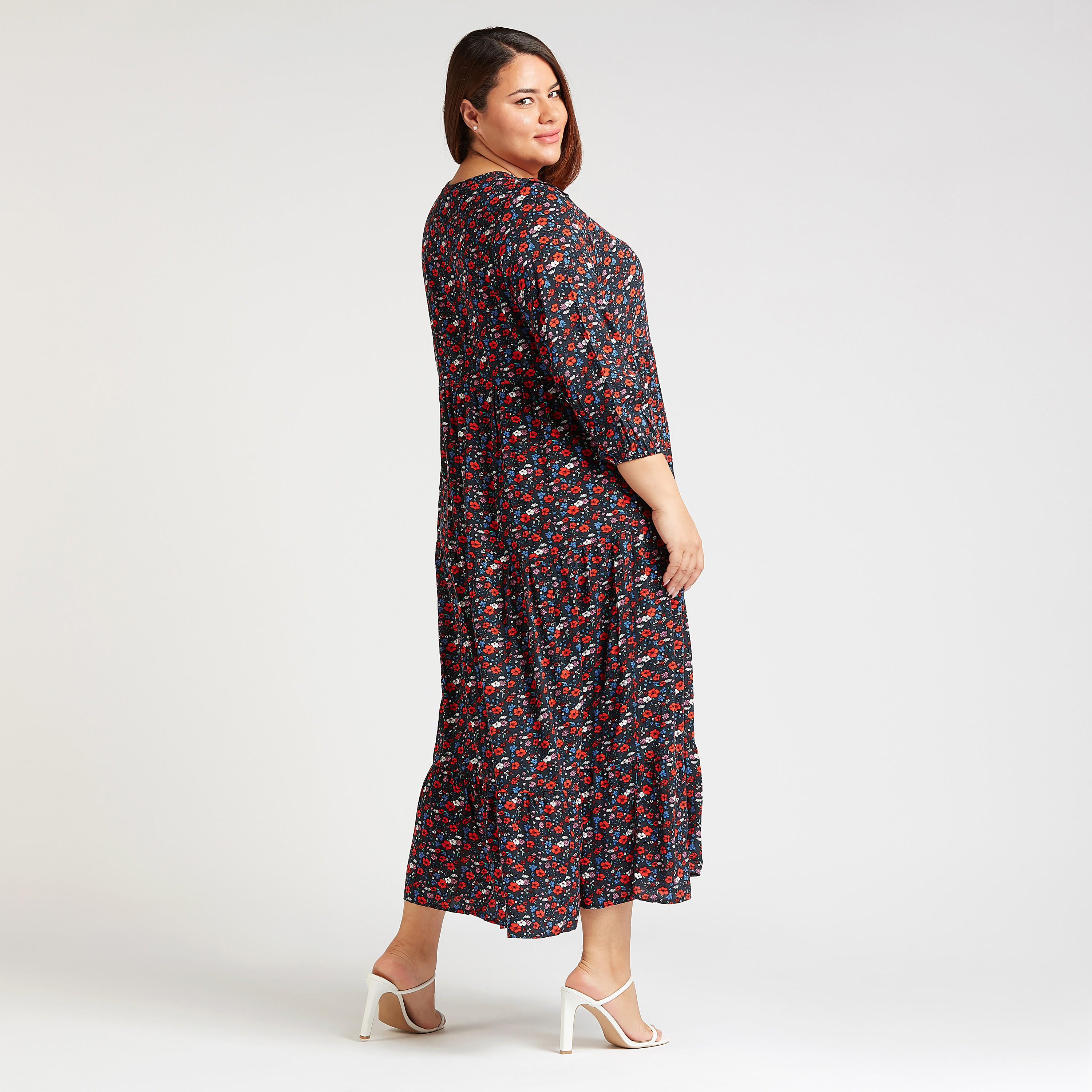 فستان طويل إيه لاين بطبعات زهرية وياقة V وأكمام 3/4-women-clothing-dresses-image-4