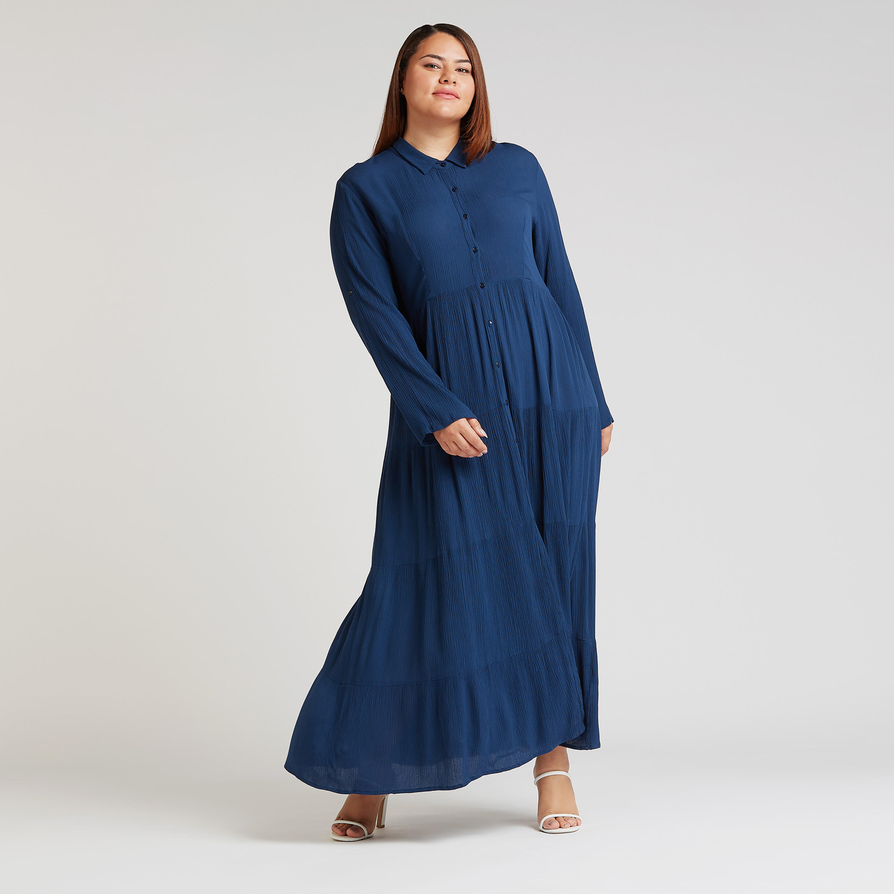 فستان إيه لاين طويل بارز الملمس بأكمام طويلة وياقة عادية-women-clothing-dresses-image-1