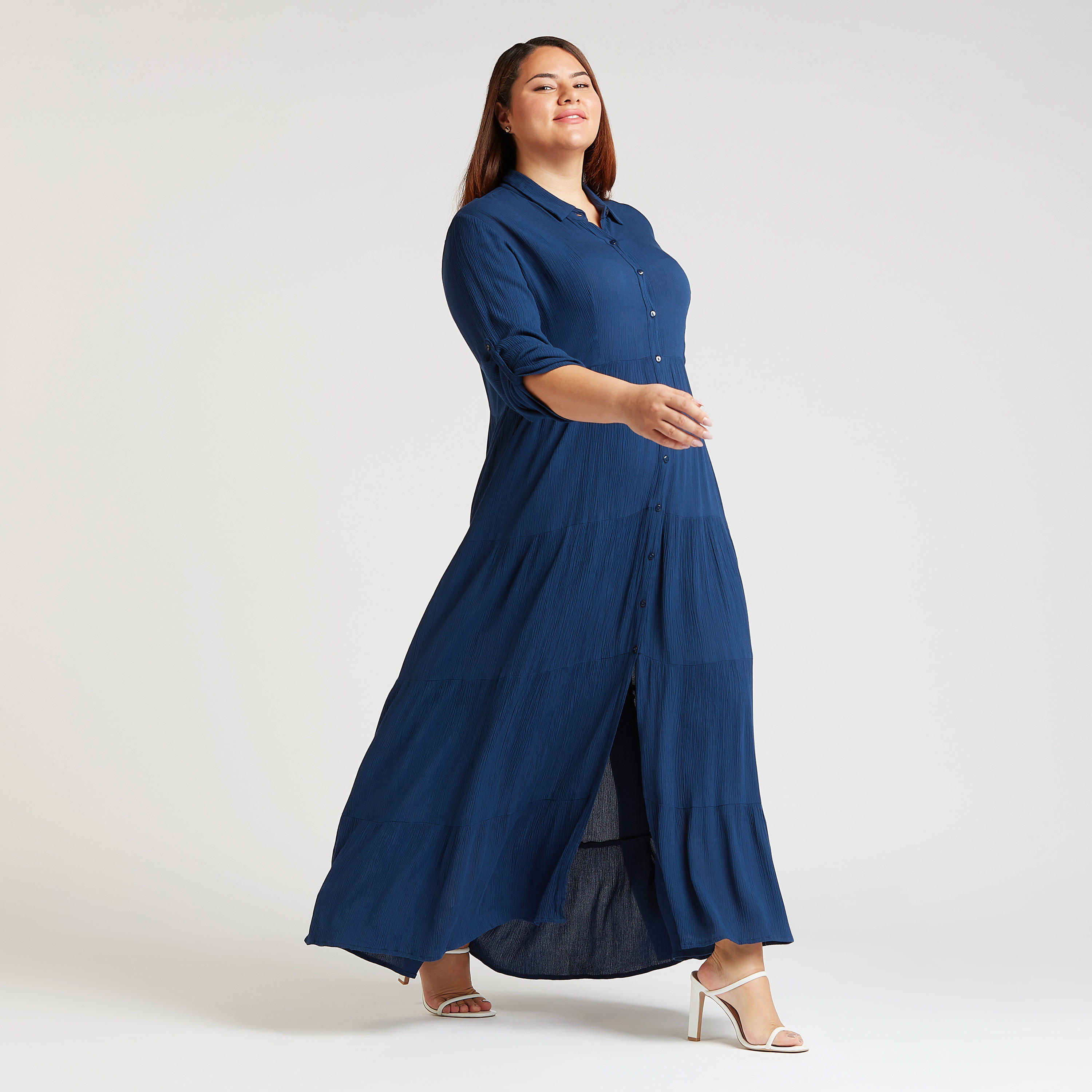 فستان إيه لاين طويل بارز الملمس بأكمام طويلة وياقة عادية-women-clothing-dresses-image-2
