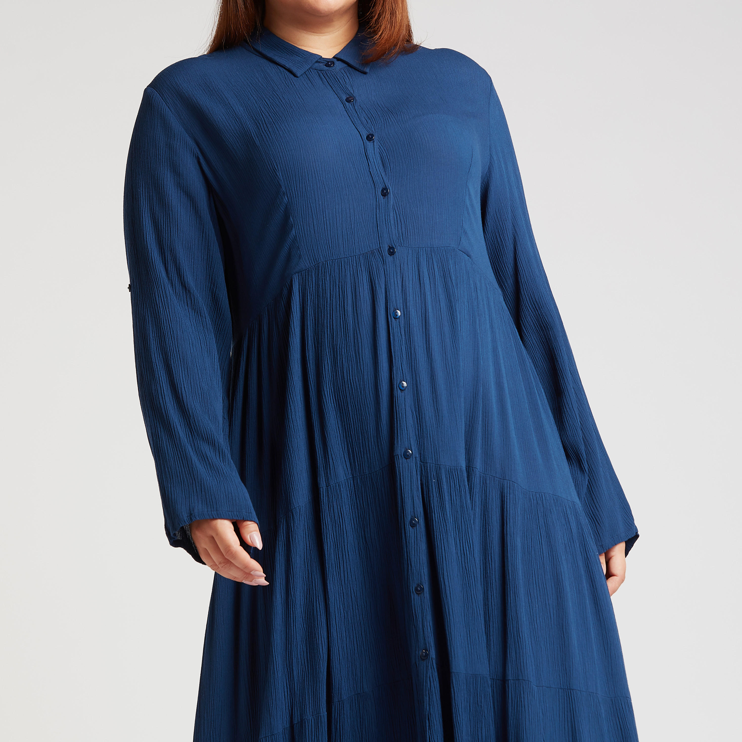فستان إيه لاين طويل بارز الملمس بأكمام طويلة وياقة عادية-women-clothing-dresses-image-3