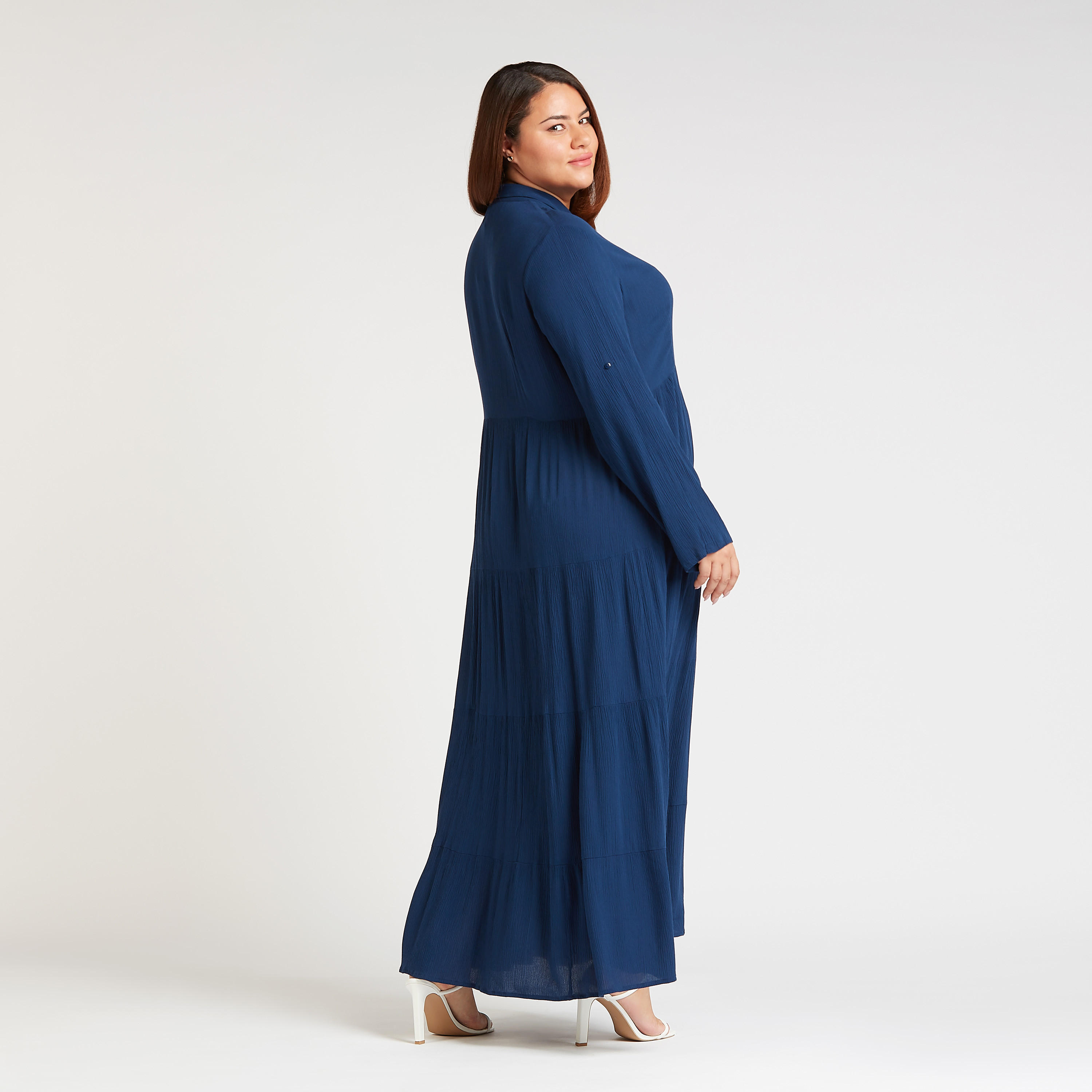 فستان إيه لاين طويل بارز الملمس بأكمام طويلة وياقة عادية-women-clothing-dresses-image-4