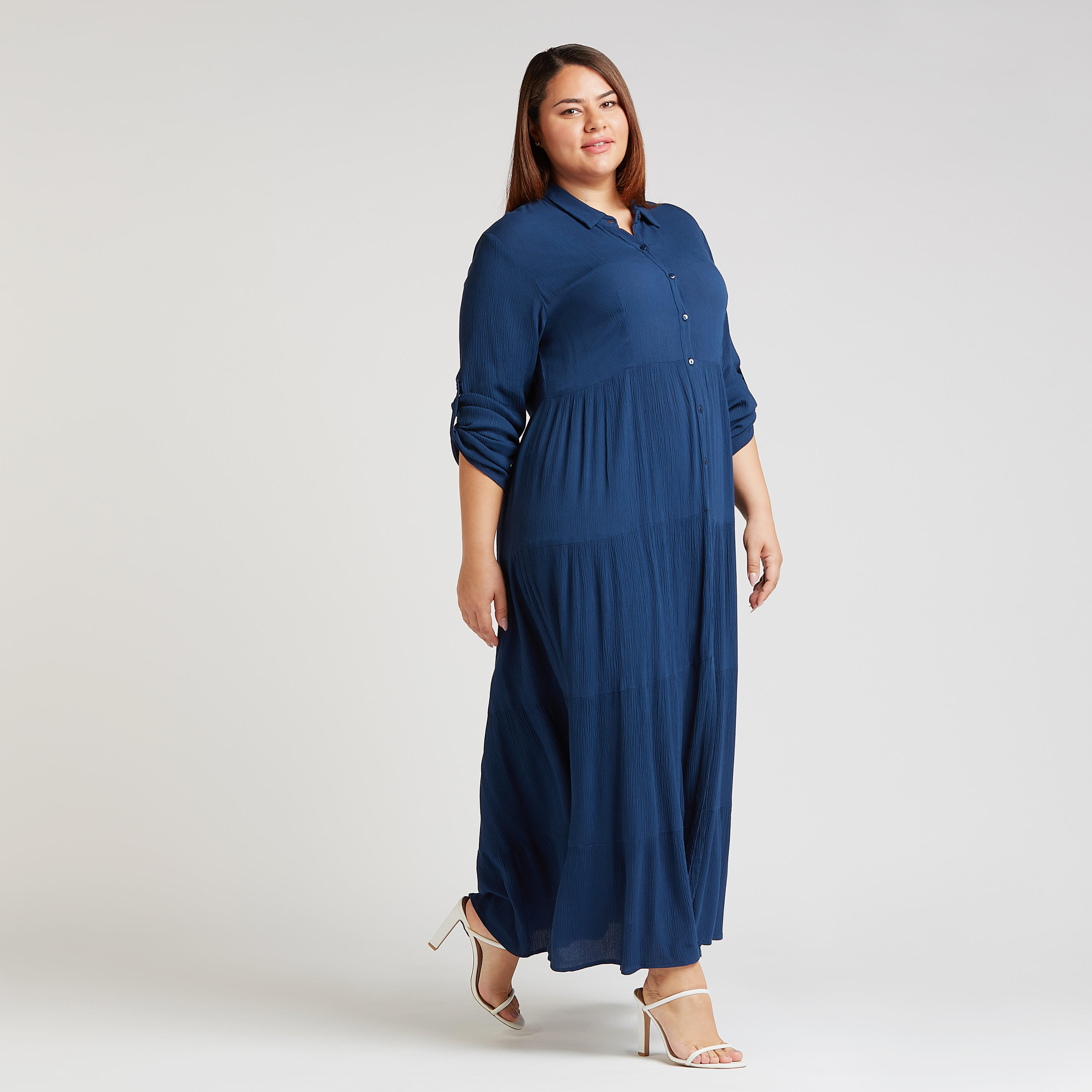فستان إيه لاين طويل بارز الملمس بأكمام طويلة وياقة عادية-women-clothing-dresses-image-5