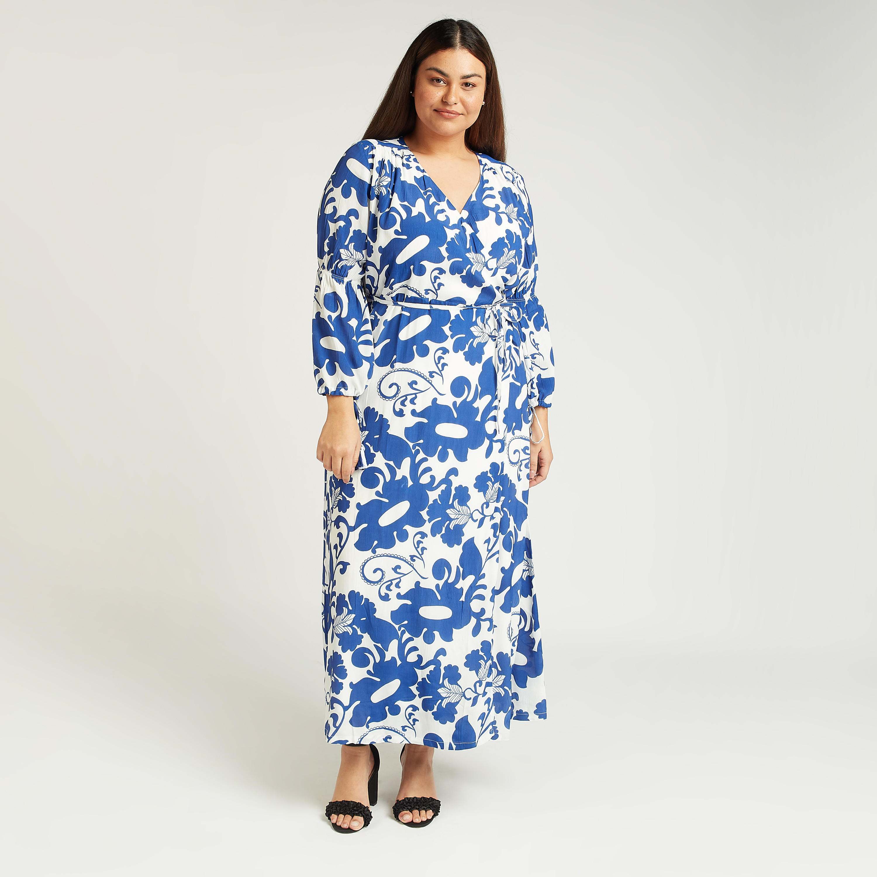 فستان ماكسي ملفوف بقصة إيه لاين وياقة V وأكمام طويلة وطبعات-women-clothing-dresses-image-1