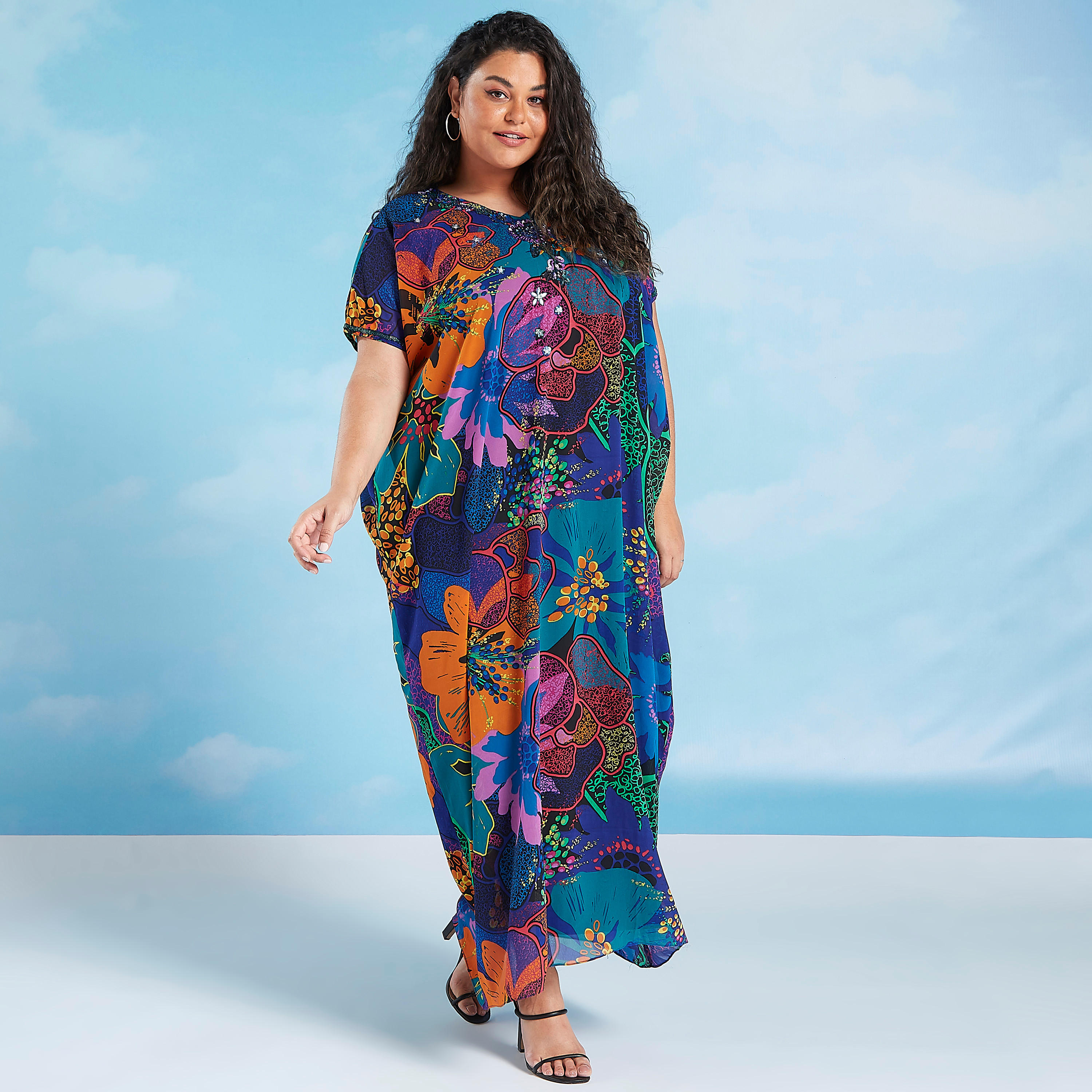 فستان إيه لاين قفطان بطبعات وياقة v وأكمام قصيرة-women-clothing-dresses-image-1
