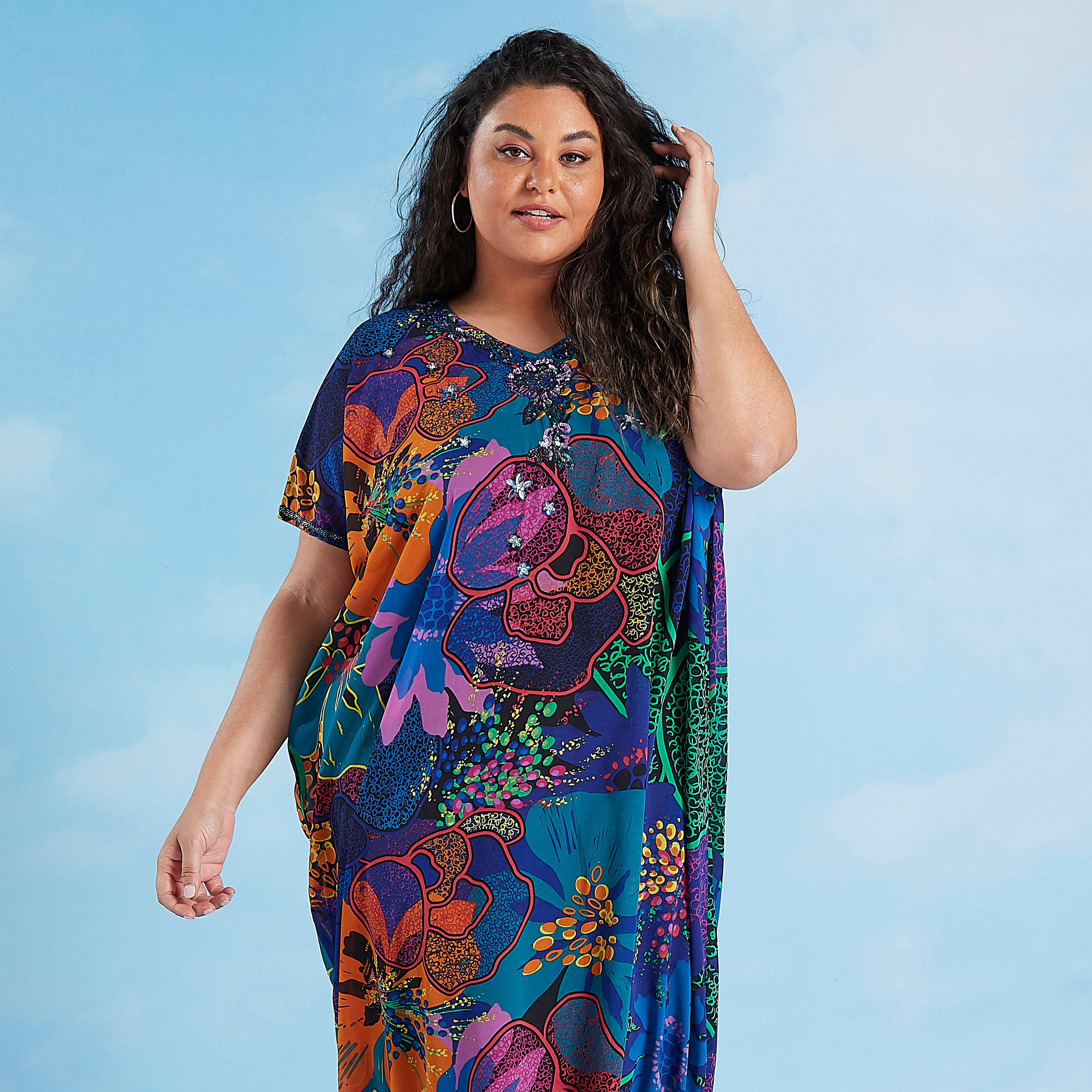 فستان إيه لاين قفطان بطبعات وياقة v وأكمام قصيرة-women-clothing-dresses-image-2