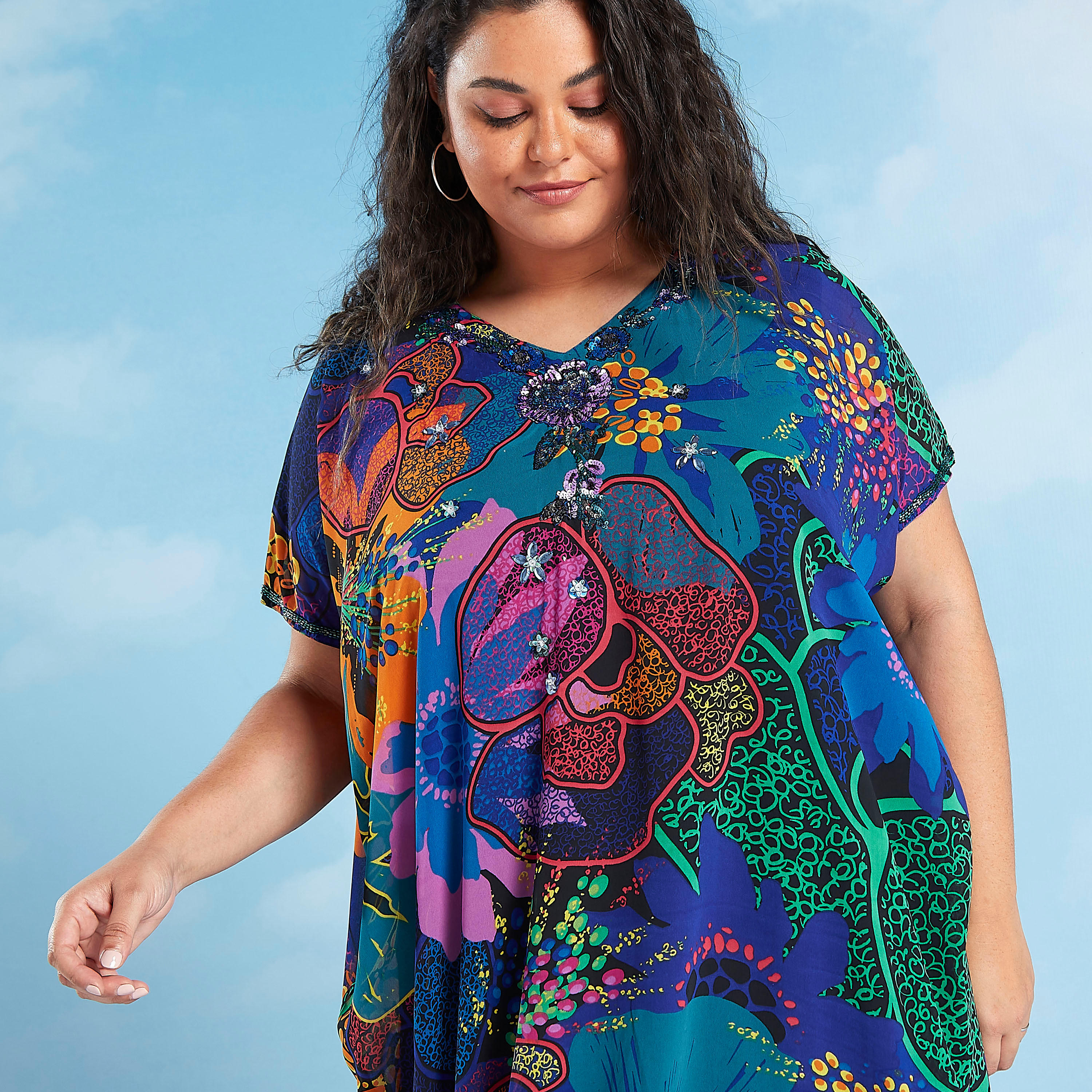 فستان إيه لاين قفطان بطبعات وياقة v وأكمام قصيرة-women-clothing-dresses-image-3