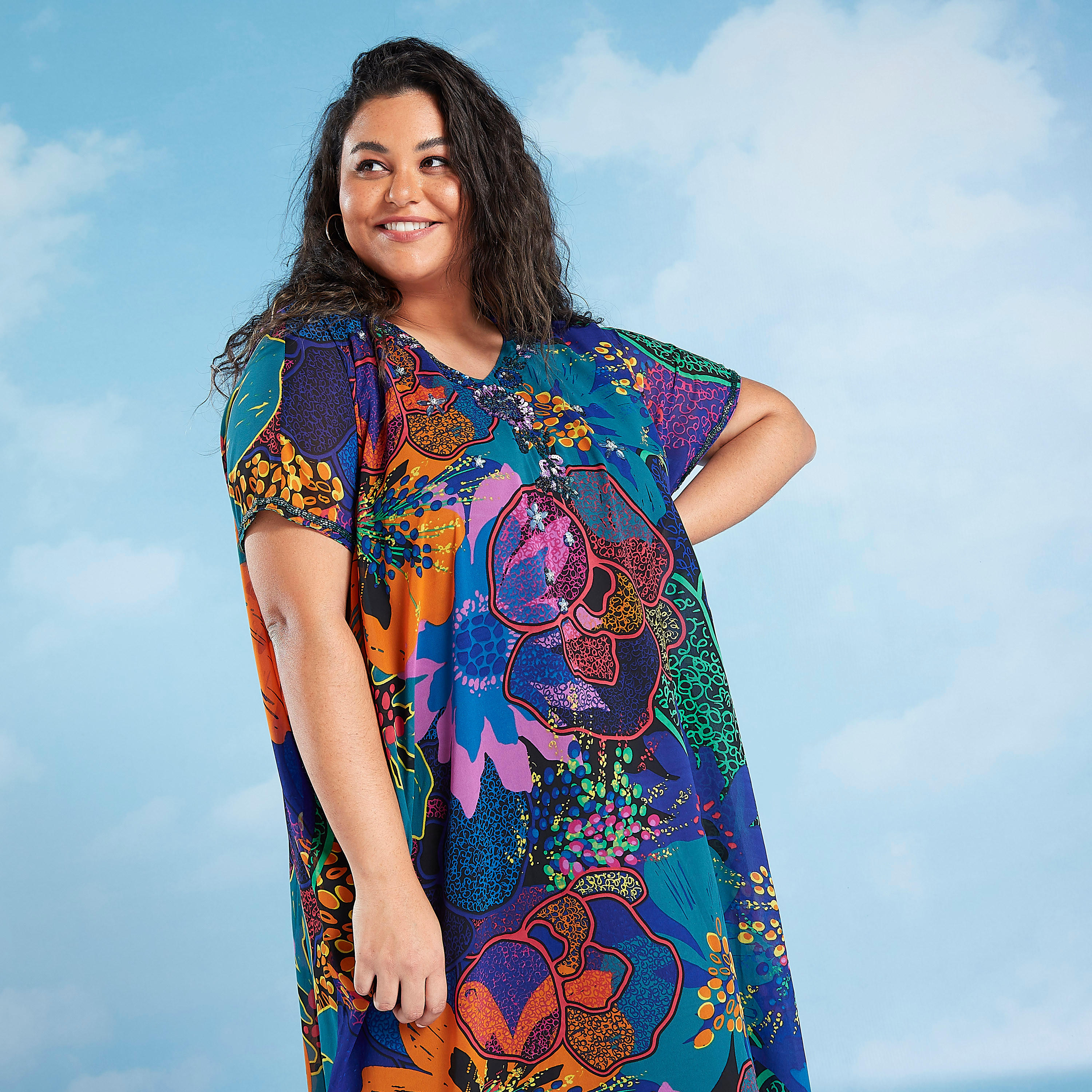 فستان إيه لاين قفطان بطبعات وياقة v وأكمام قصيرة-women-clothing-dresses-image-5