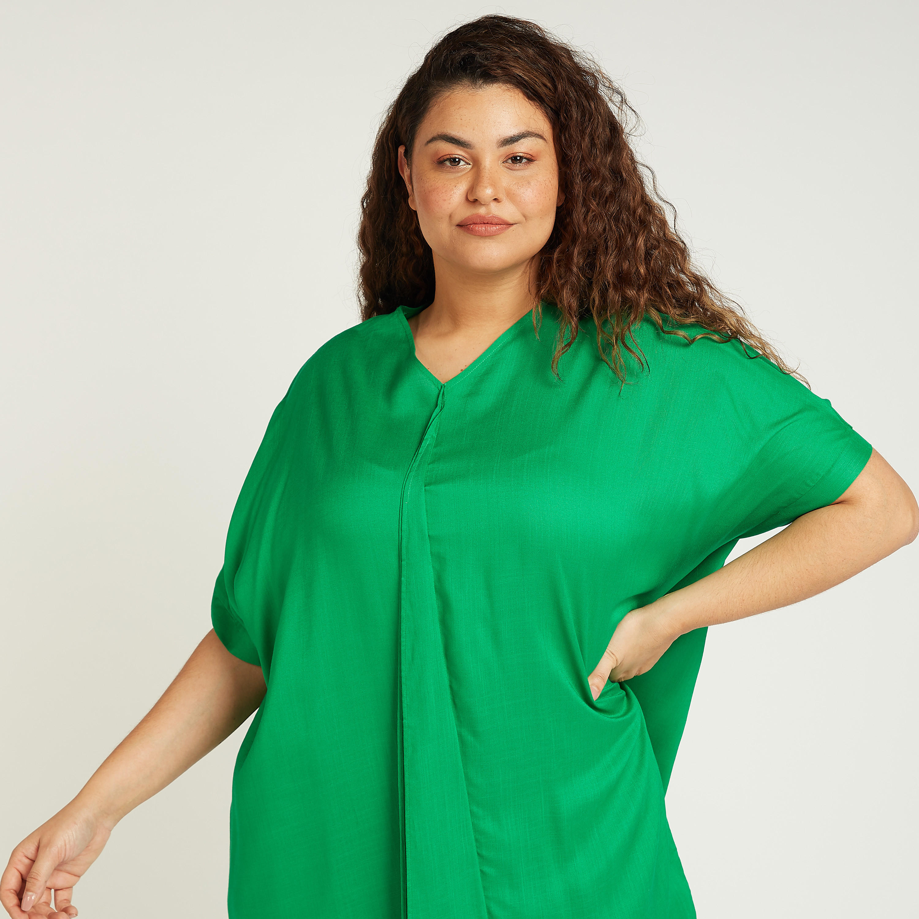 تونيك سادة بياقة V وأكمام متمددة-women-clothing-shirtsandblouses-blouses-image-2