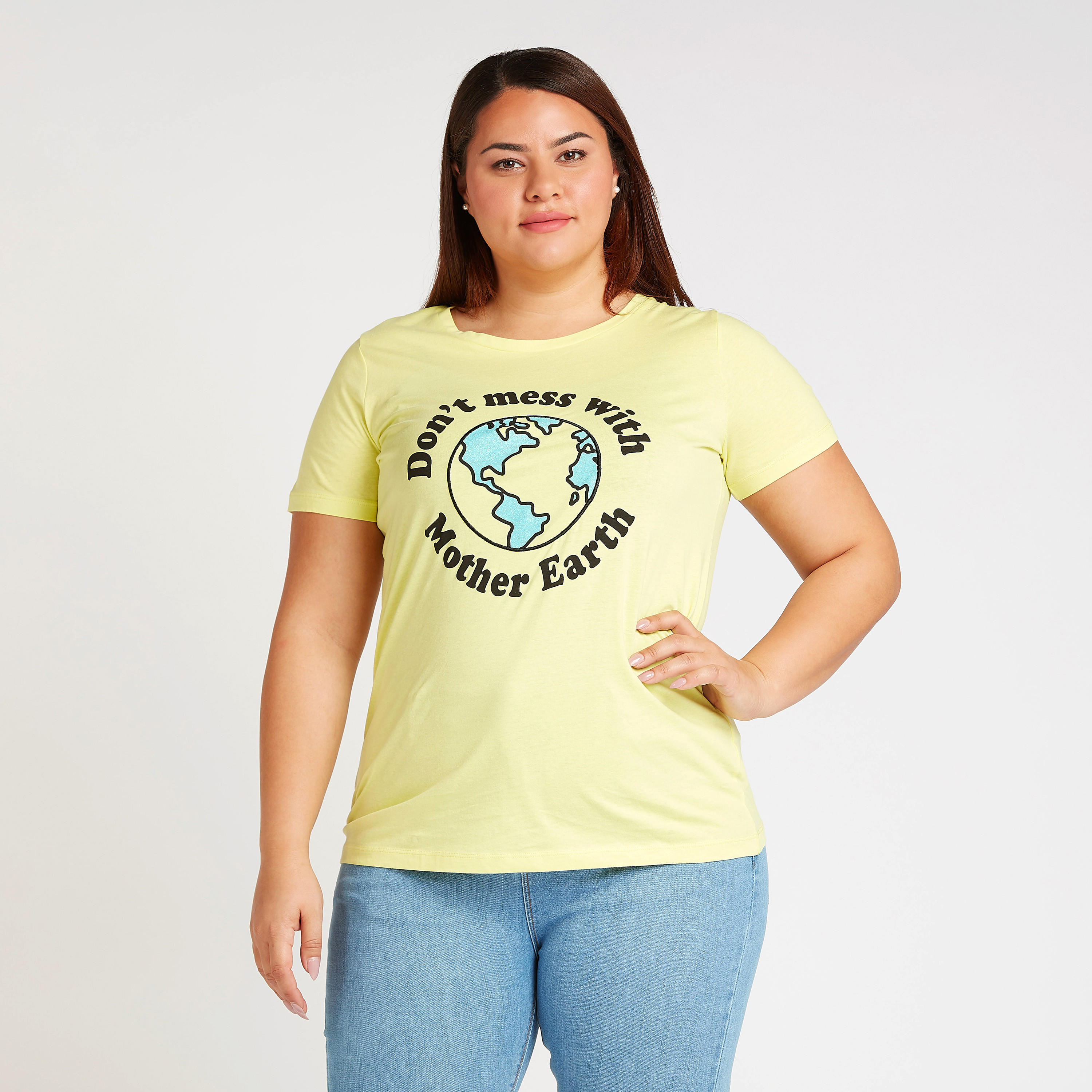 Typographic Print T-shirt with Round Neck and Short Sleeves-women-clothing-tshirts-image-1