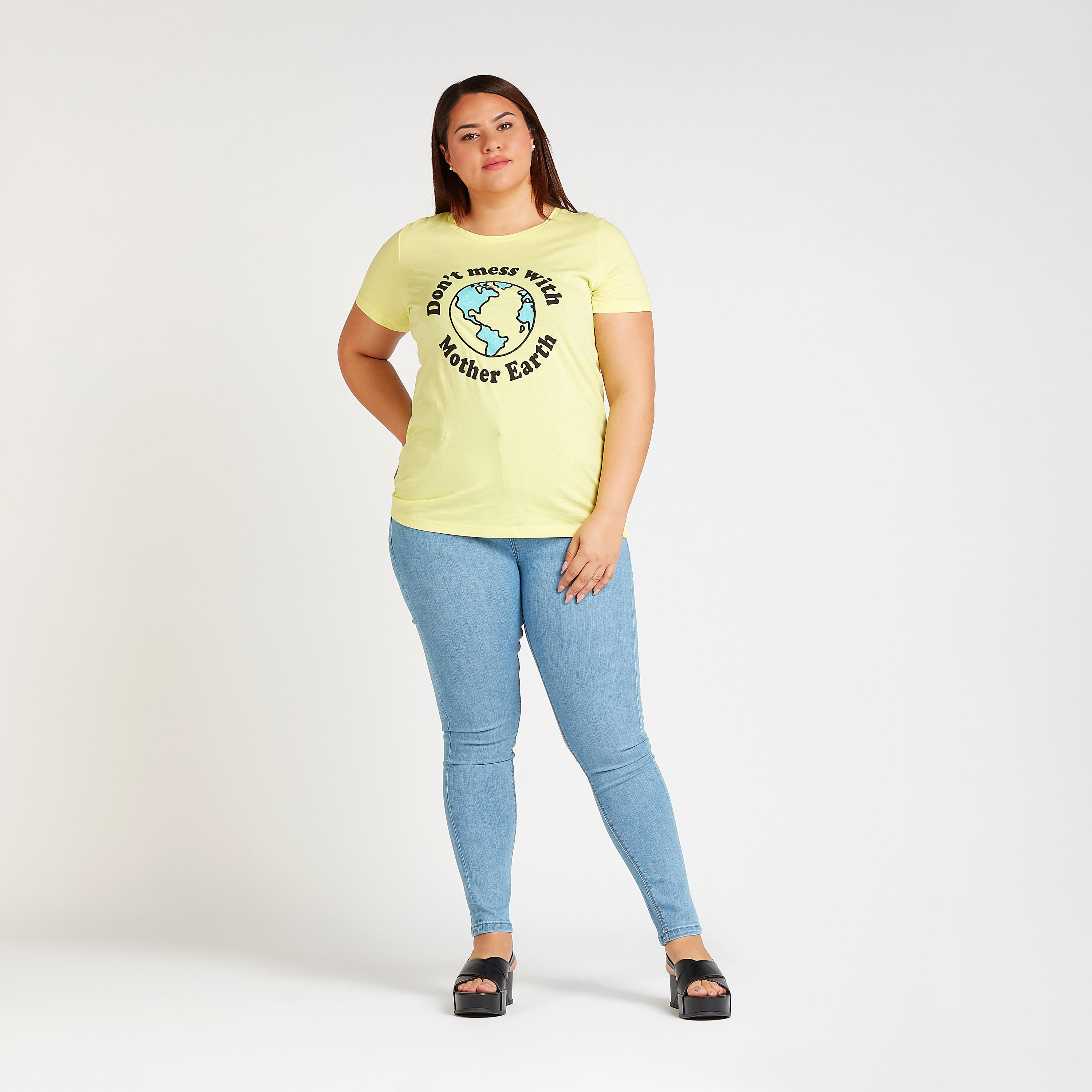 Typographic Print T-shirt with Round Neck and Short Sleeves-women-clothing-tshirts-image-2