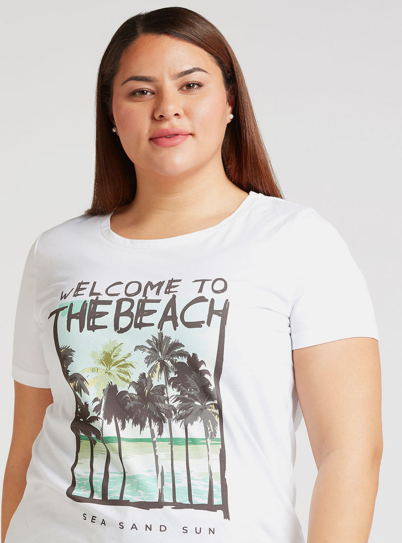 Typographic Print T-shirt with Round Neck and Short Sleeves-women-clothing-tshirts-image-3