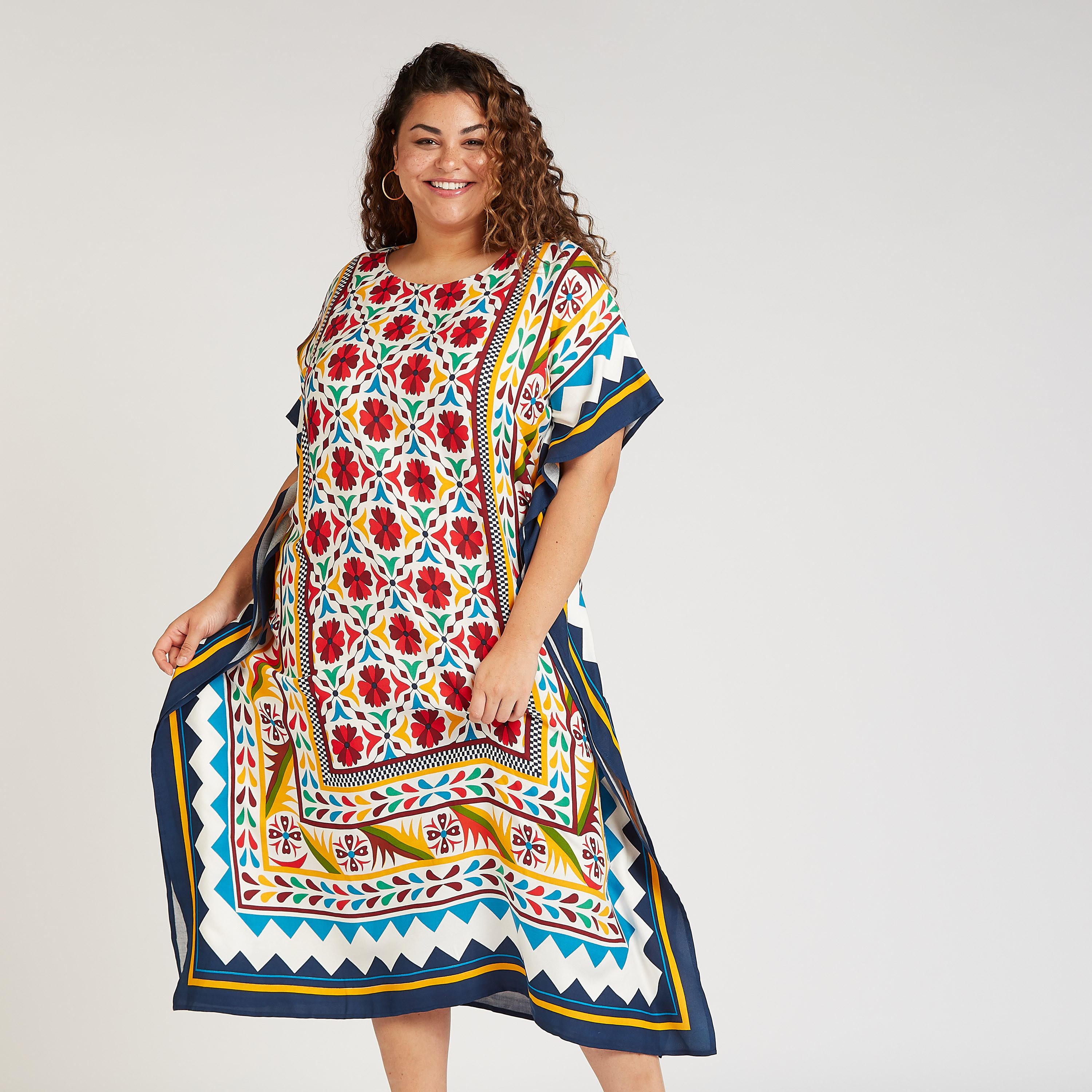 فستان إيه لاين ميدي بياقة مستديرة وأكمام قصيرة وطبعات-women-clothing-dresses-image-1
