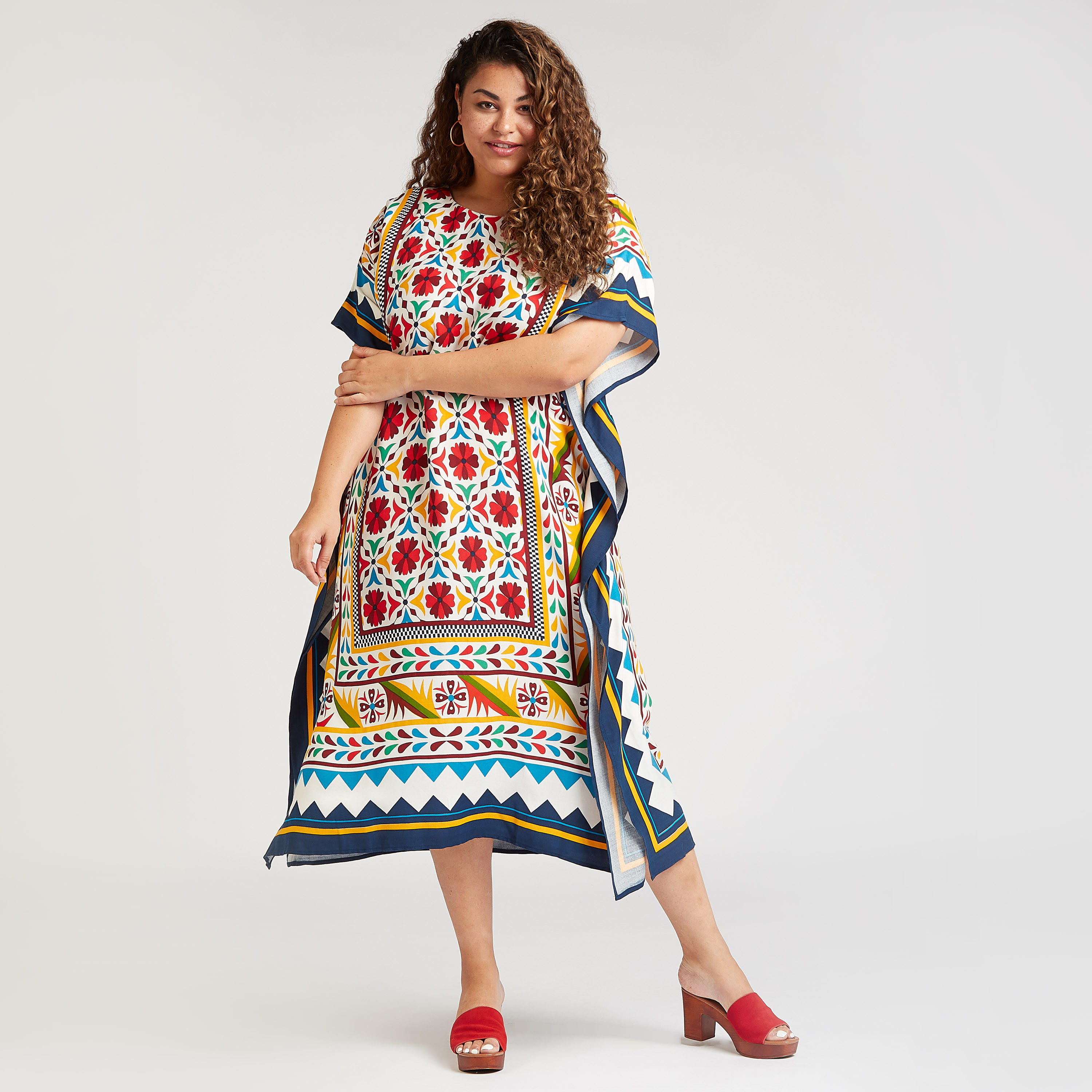 فستان إيه لاين ميدي بياقة مستديرة وأكمام قصيرة وطبعات-women-clothing-dresses-image-2