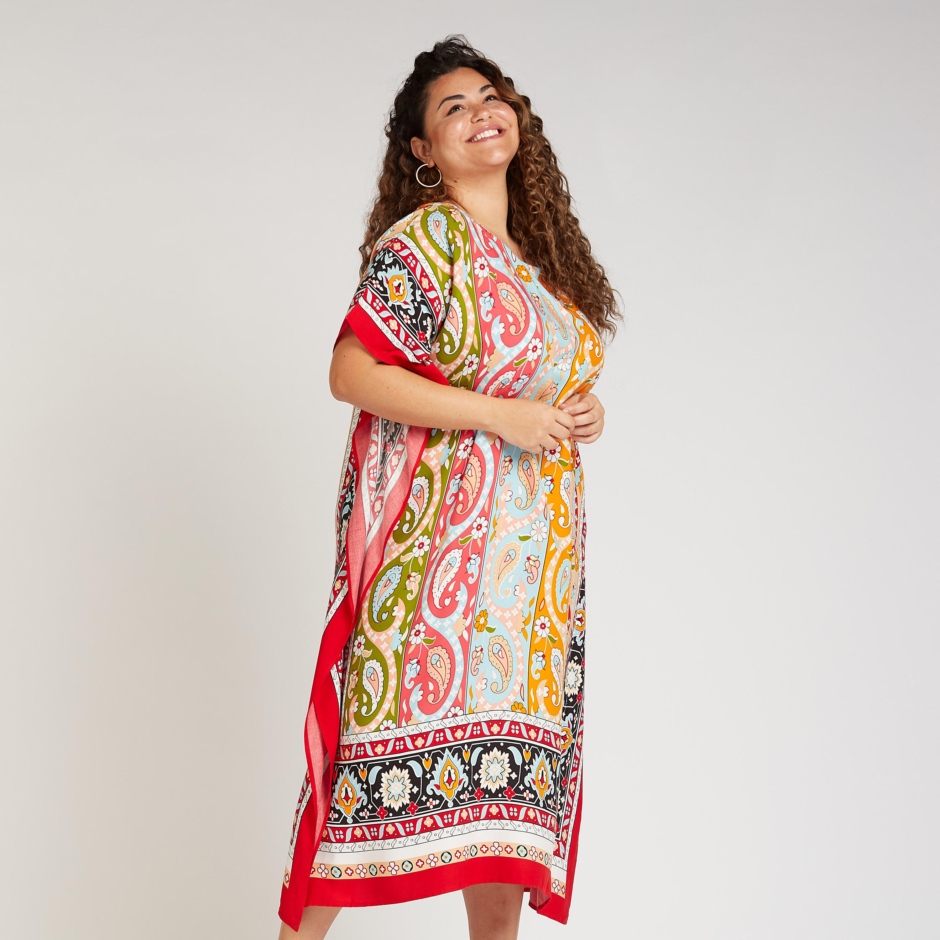 فستان إيه لاين ميدي بياقة مستديرة وأكمام قصيرة وطبعات-women-clothing-dresses-image-1