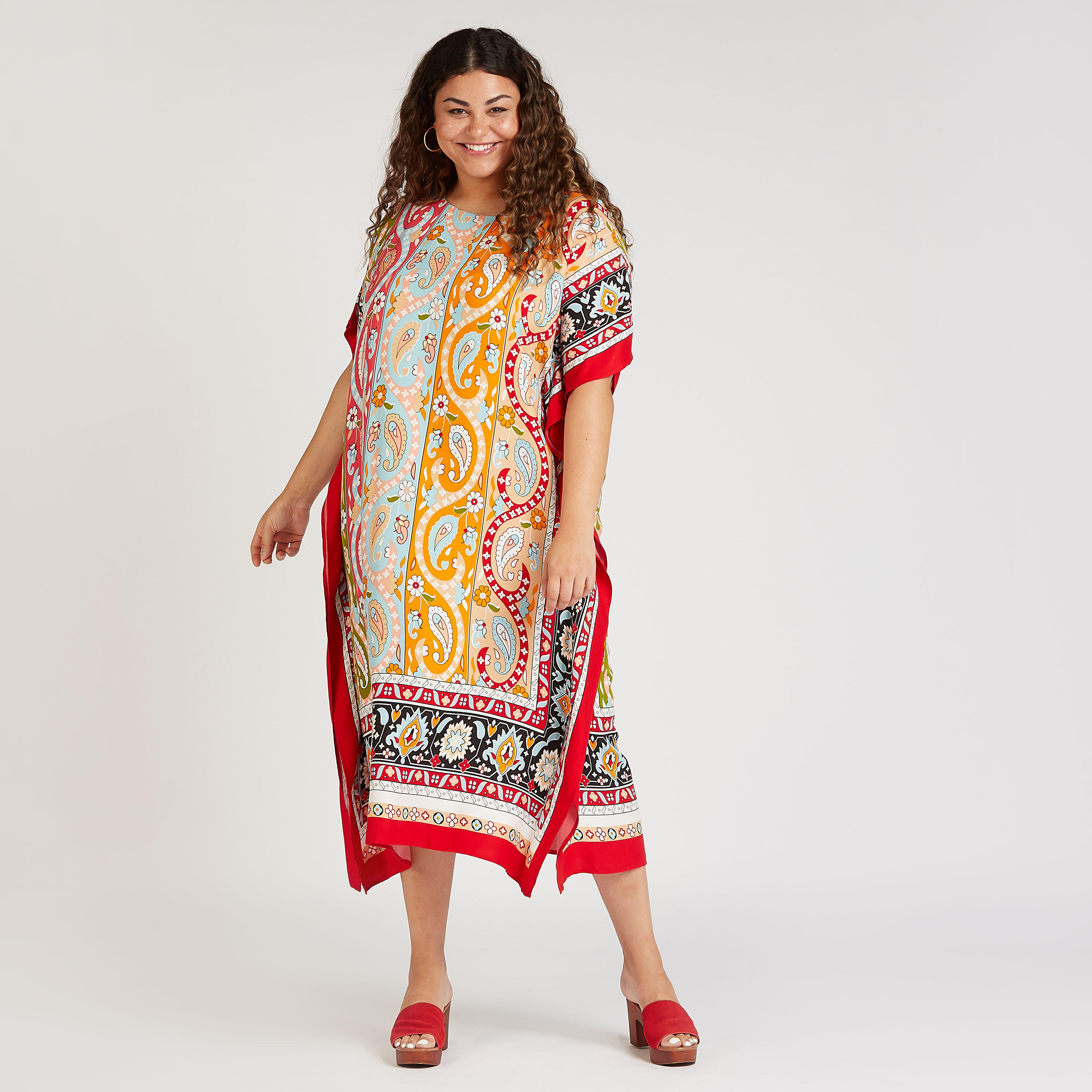 فستان إيه لاين ميدي بياقة مستديرة وأكمام قصيرة وطبعات-women-clothing-dresses-image-2