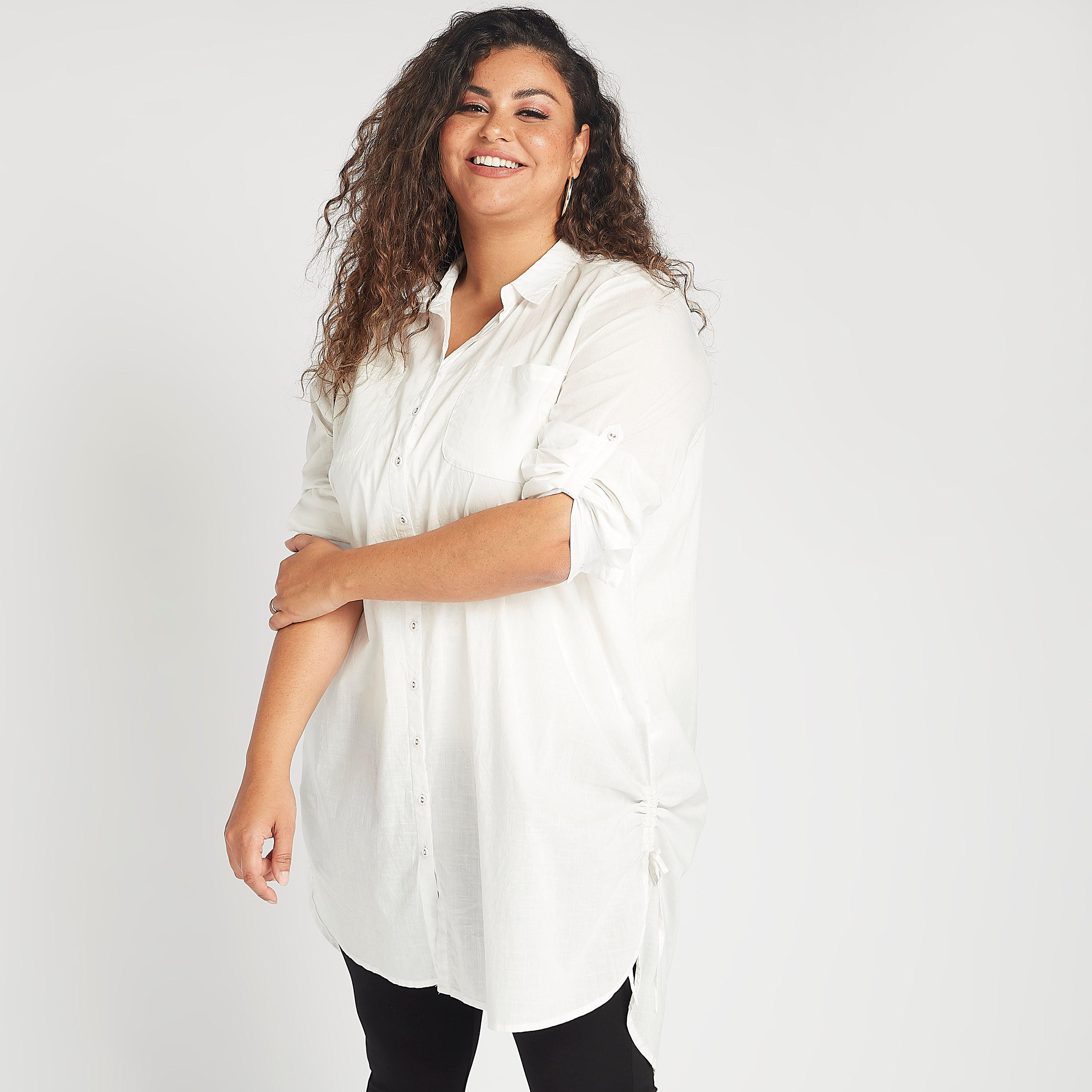 Solid Longline Shirt with Collar and Long Sleeves-women-clothing-shirtsandblouses-blouses-image-1