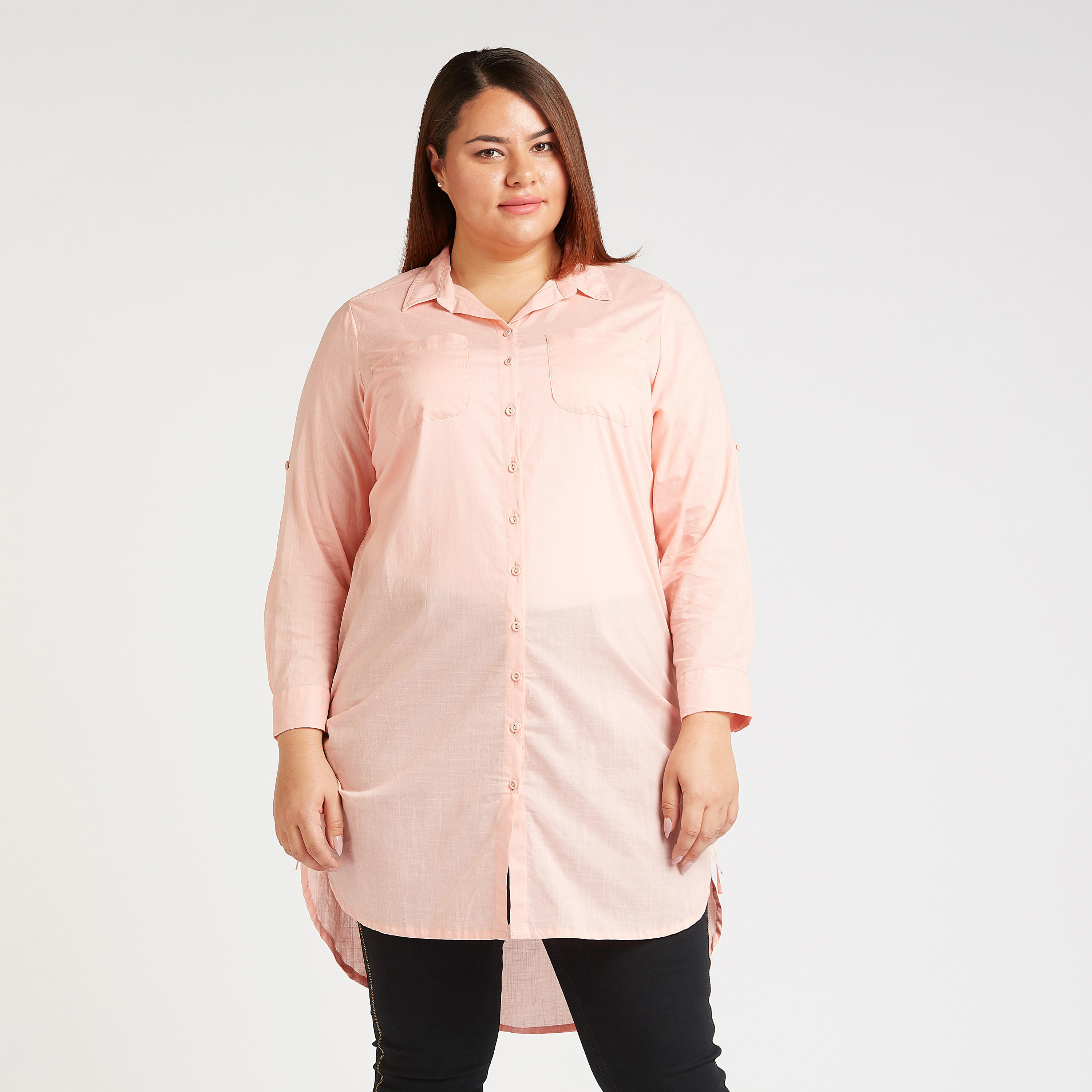 Solid Longline Shirt with Chest Pockets and High Low Hem-women-clothing-shirtsandblouses-blouses-image-1