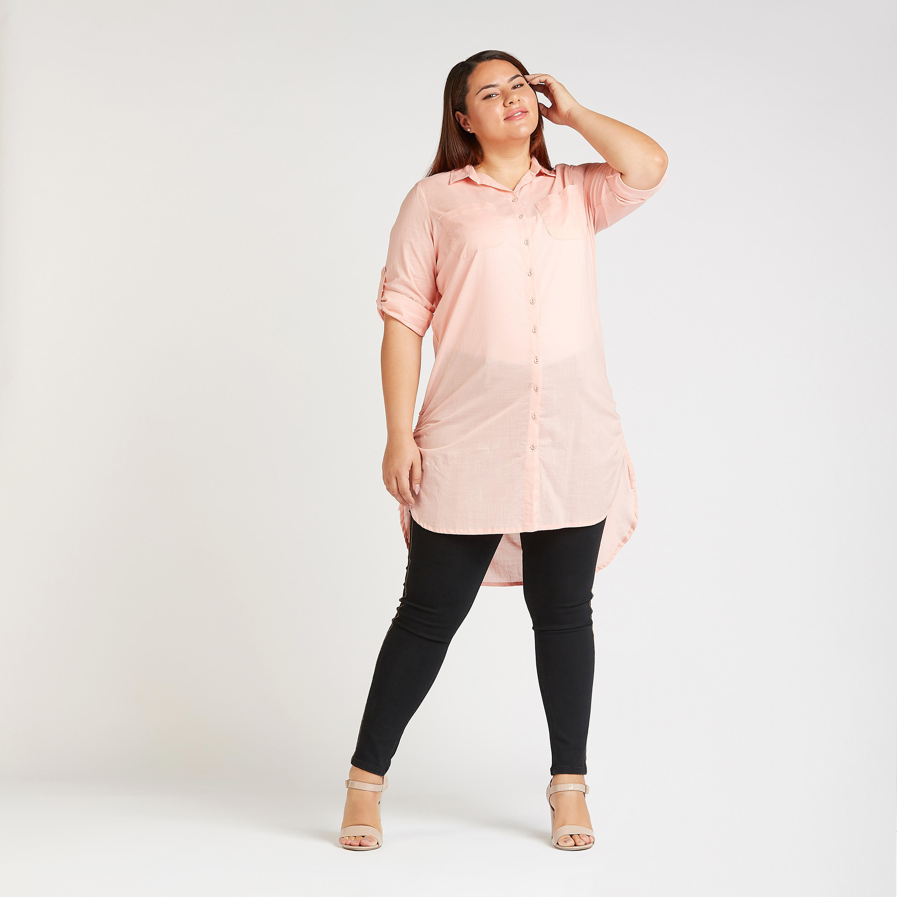 Solid Longline Shirt with Chest Pockets and High Low Hem-women-clothing-shirtsandblouses-blouses-image-2