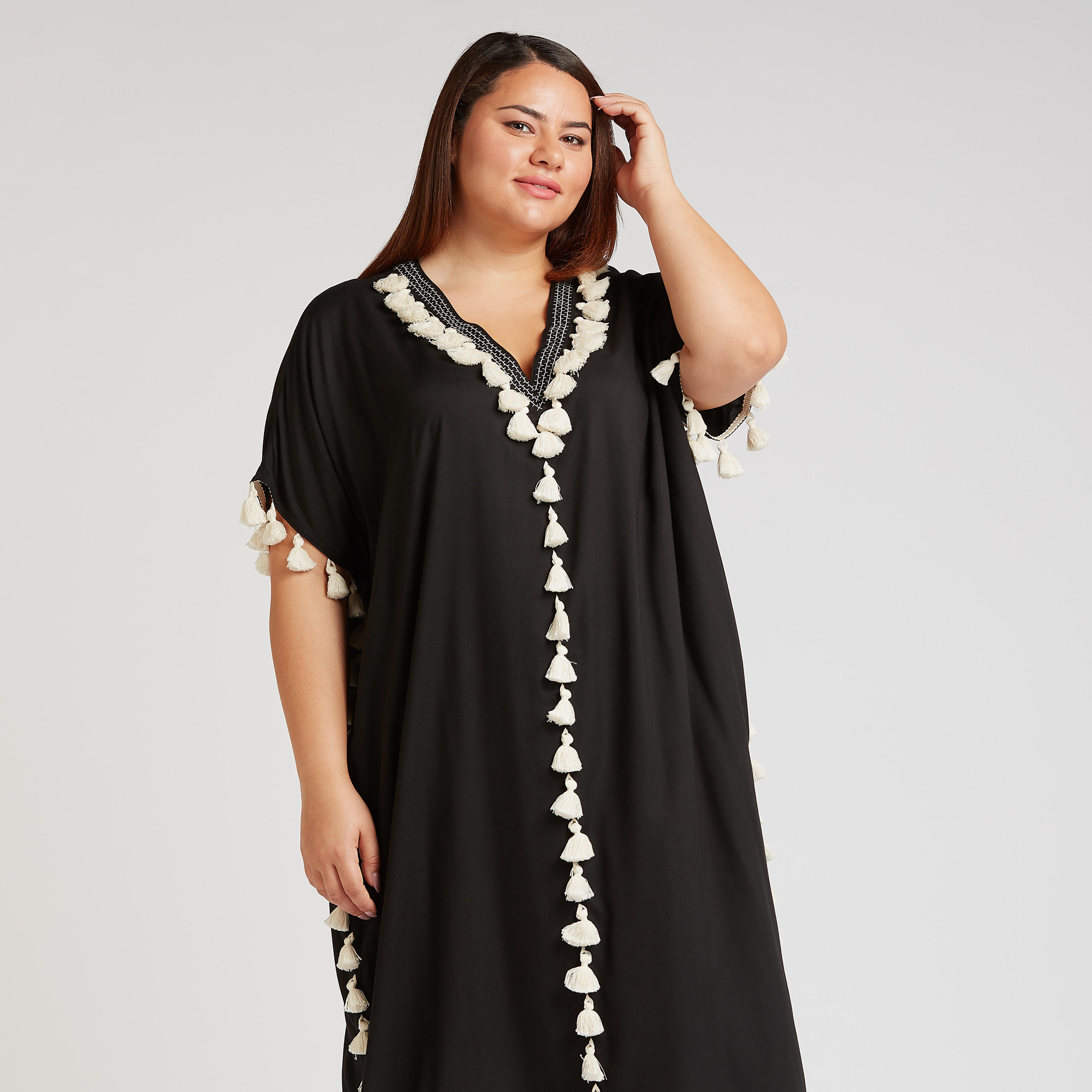 فستان طويل سلدة واسع بياقة V وشرابات-women-clothing-dresses-image-2
