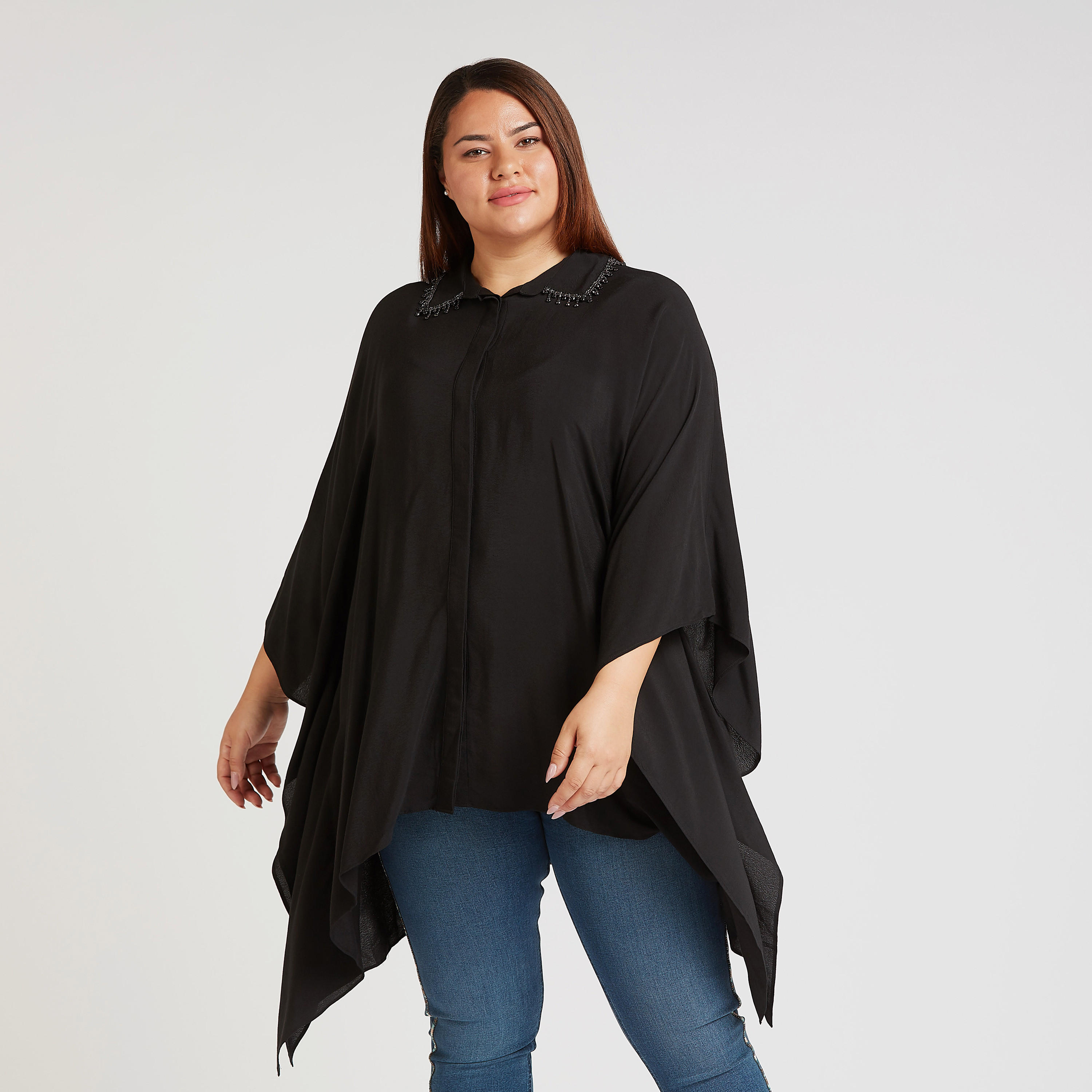 قميص سادة مزيّن بياقة عادية وأكمام واسعة-women-clothing-shirtsandblouses-blouses-image-1