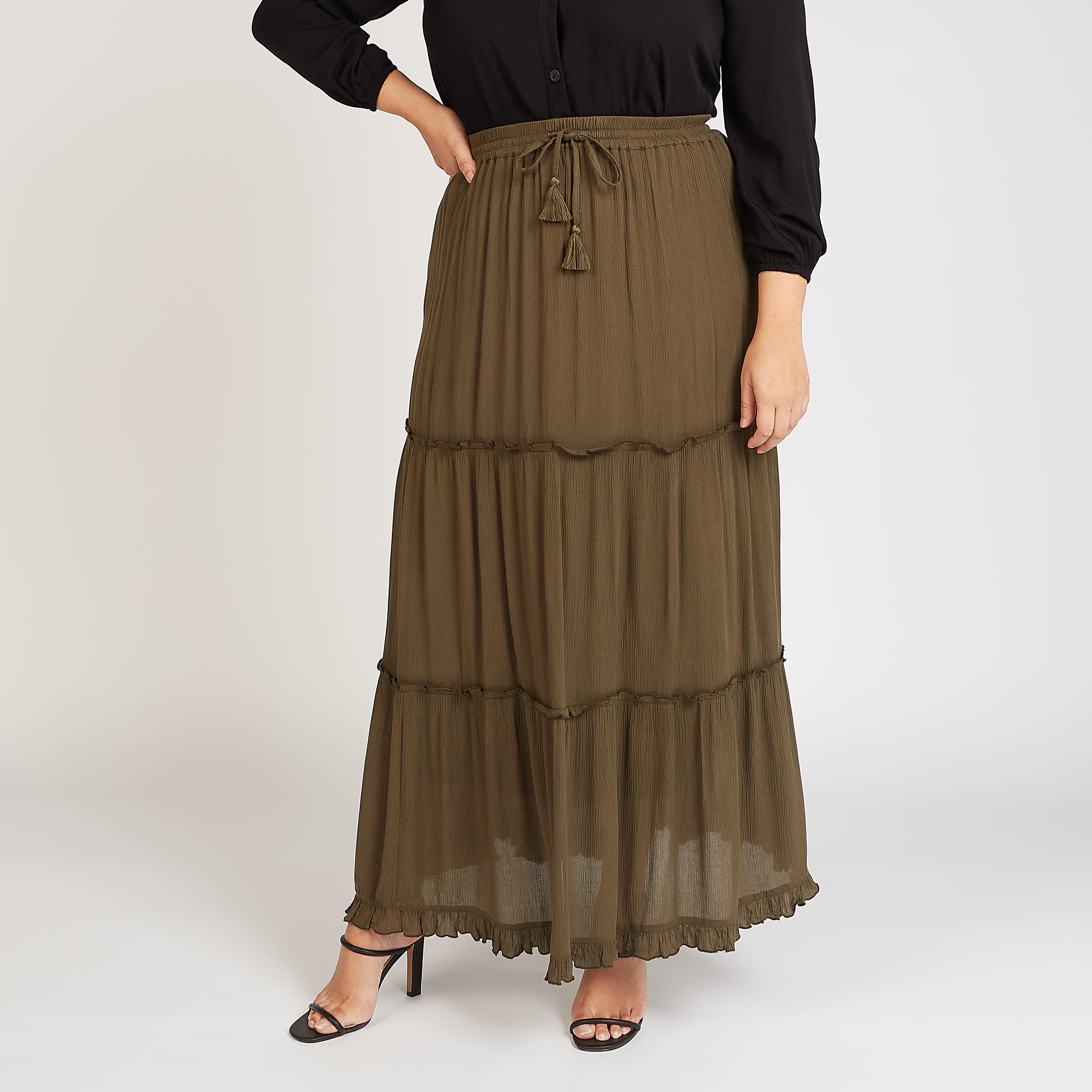 Textured Maxi A-line Skirt with Drawstring Closure-women-clothing-bottoms-skirts-image-1