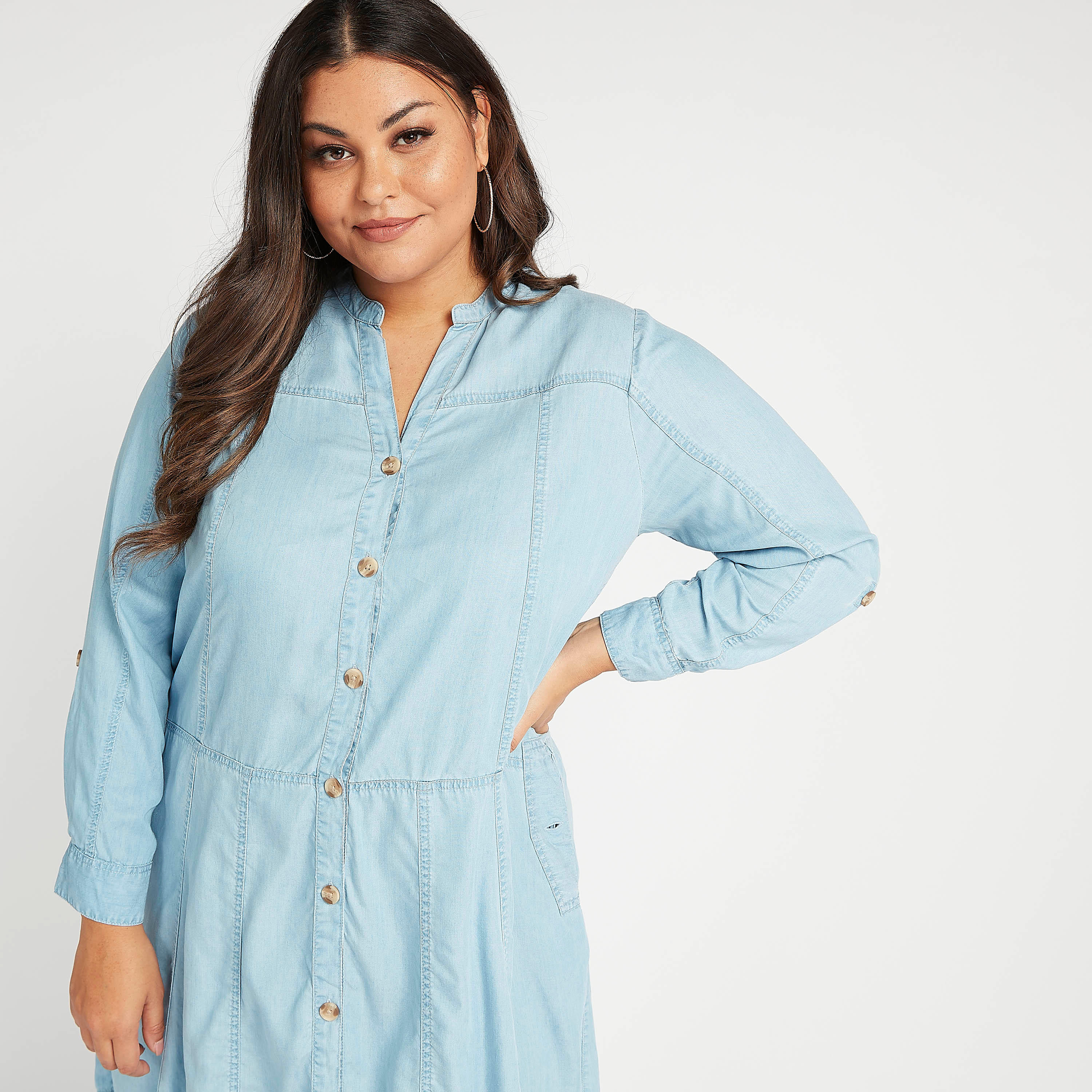تونيك سادة بياقة عادية مع أكمام طويلة وزر إغلاق-women-clothing-shirtsandblouses-blouses-image-3